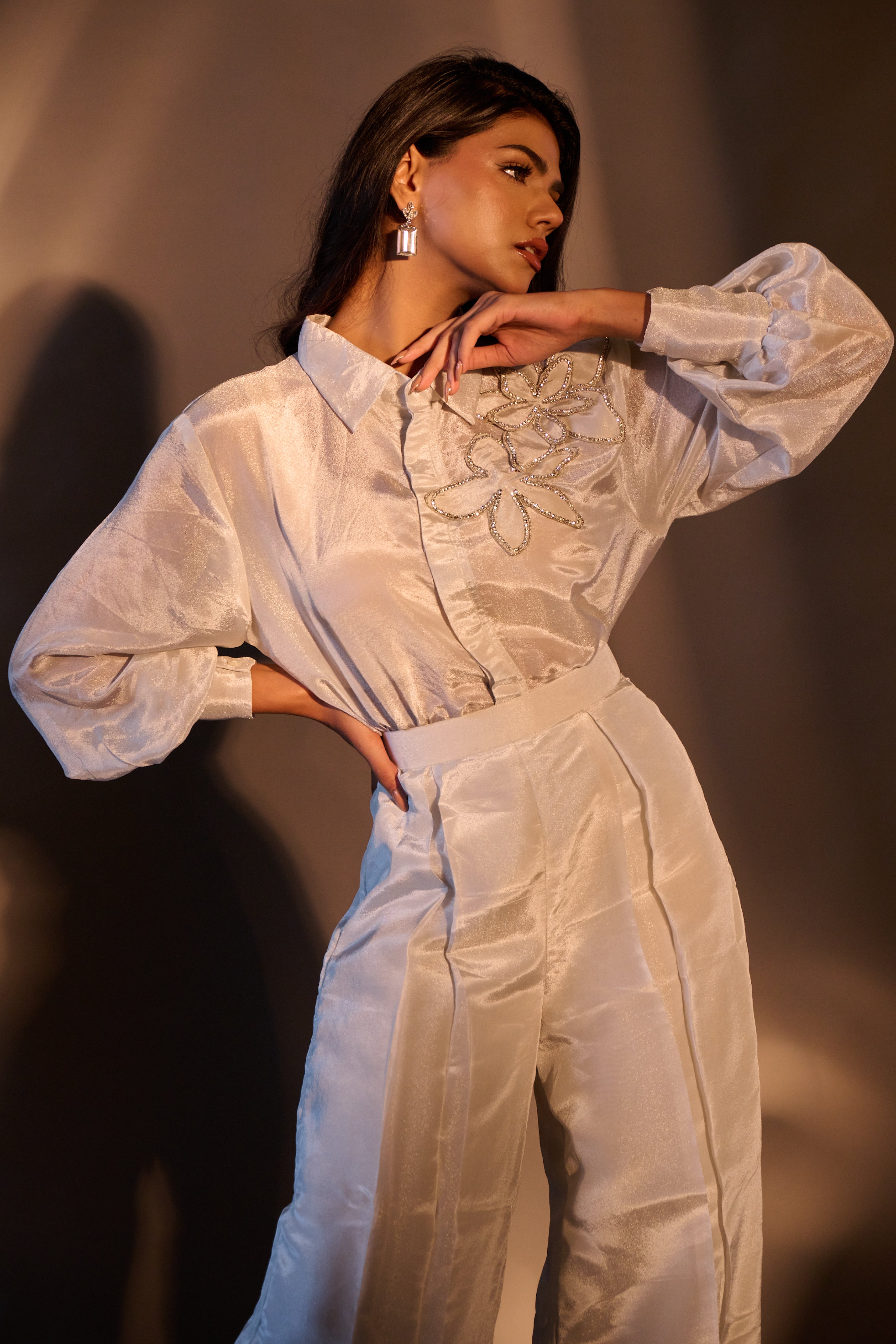 Weaving Cult Silver Tissue Embellished Shirt With Trousers