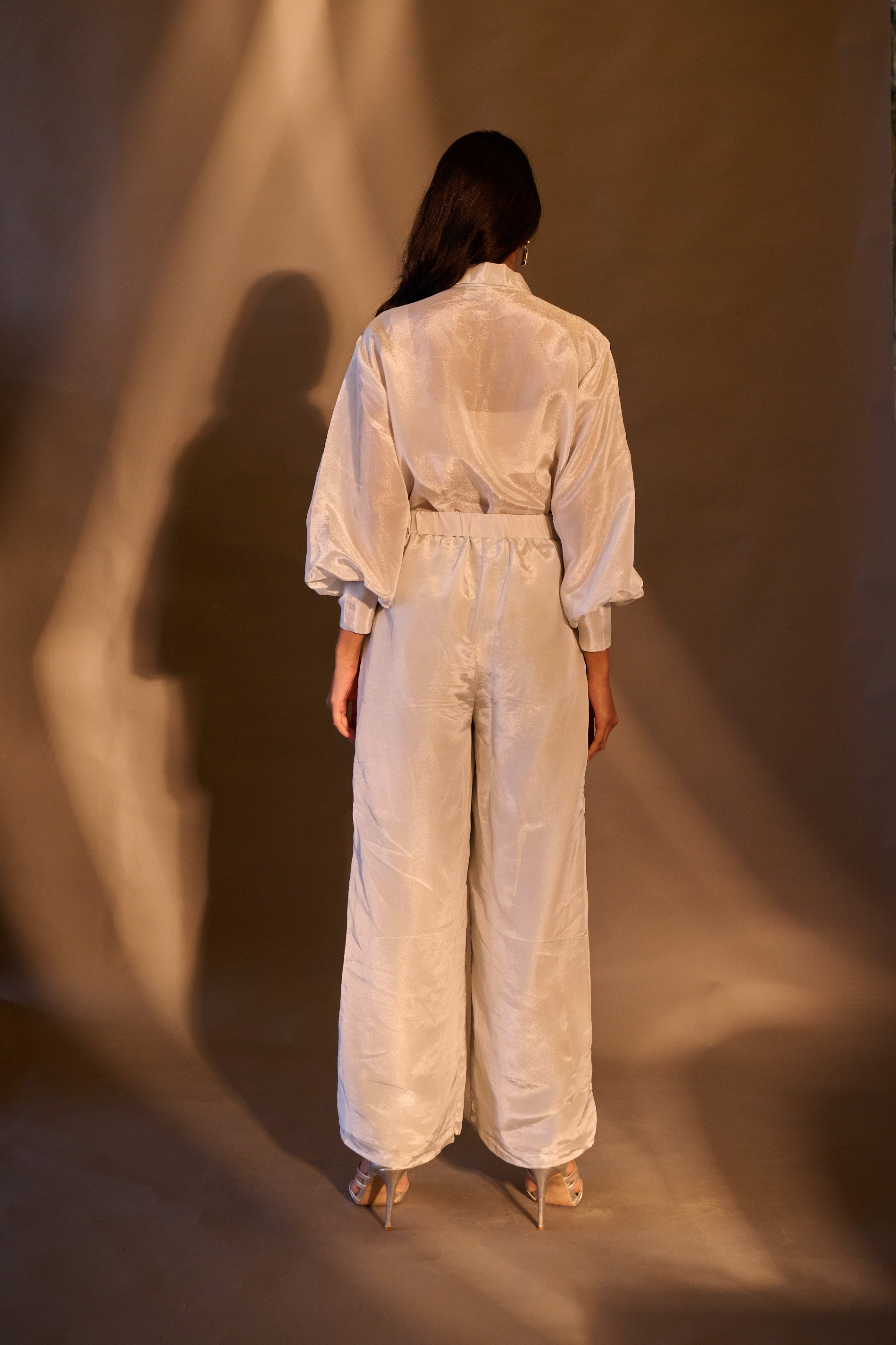 Weaving Cult Silver Tissue Embellished Shirt With Trousers