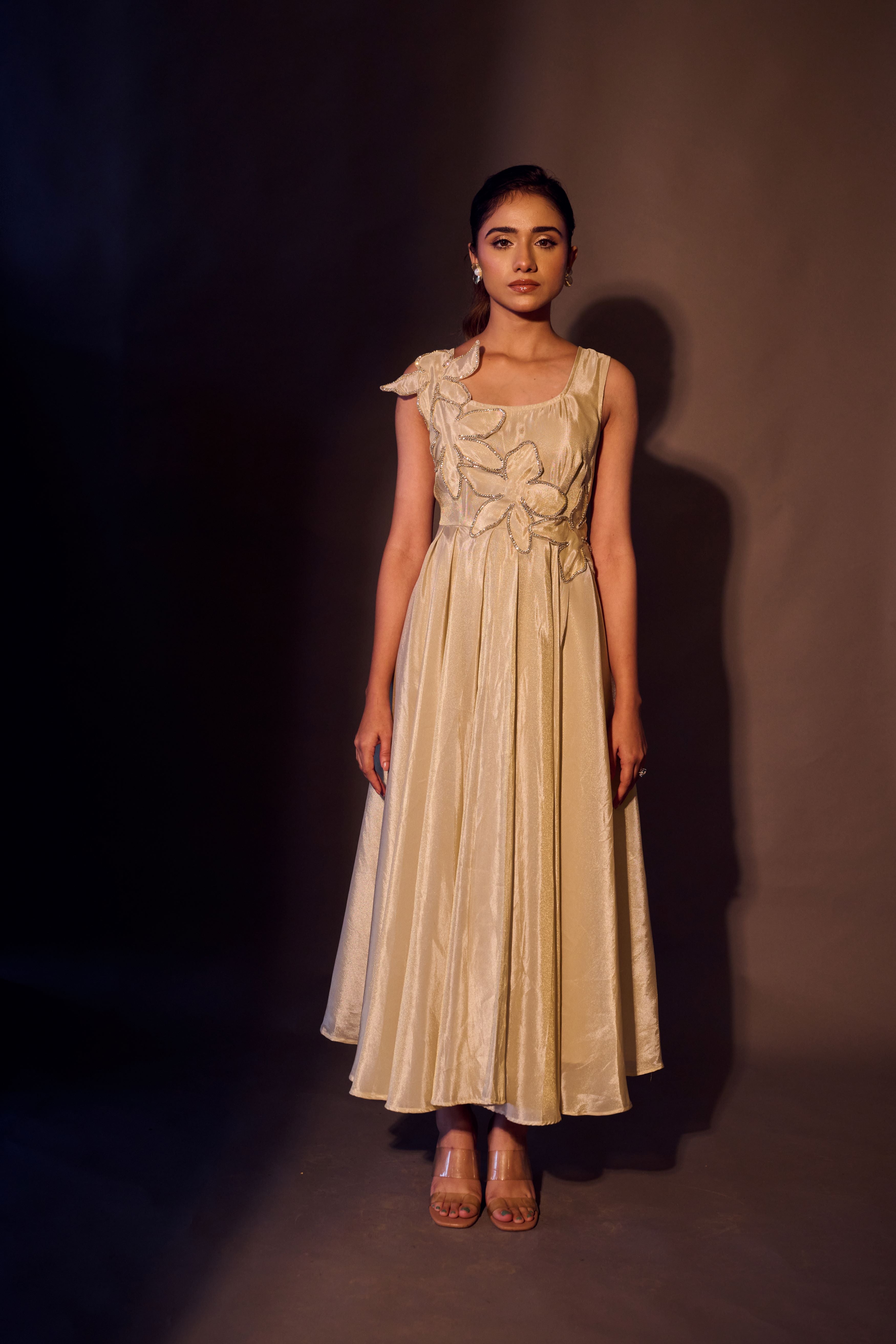 Weaving Cult Gold Tissue Flared Embellished Dress