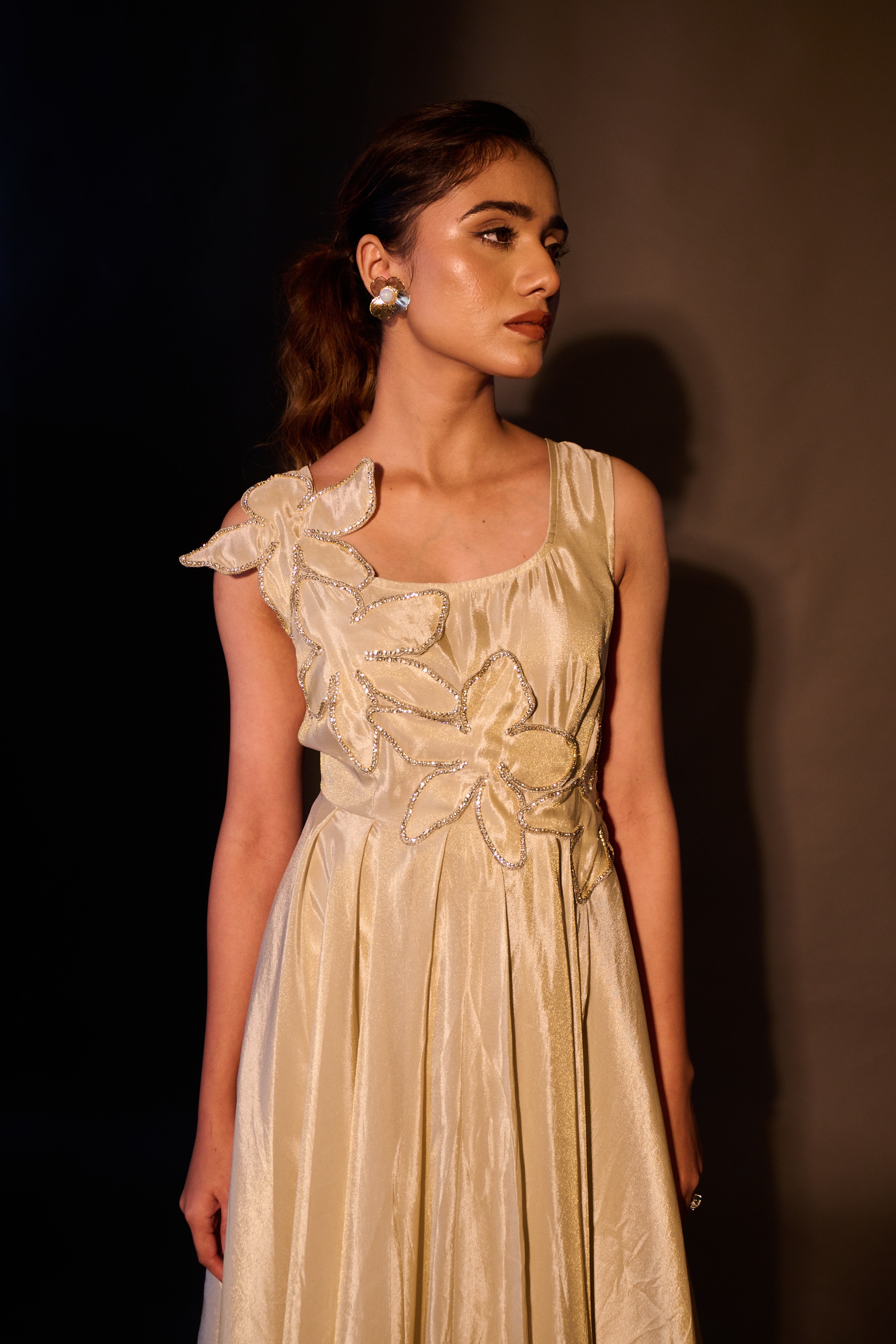 Weaving Cult Gold Tissue Flared Embellished Dress