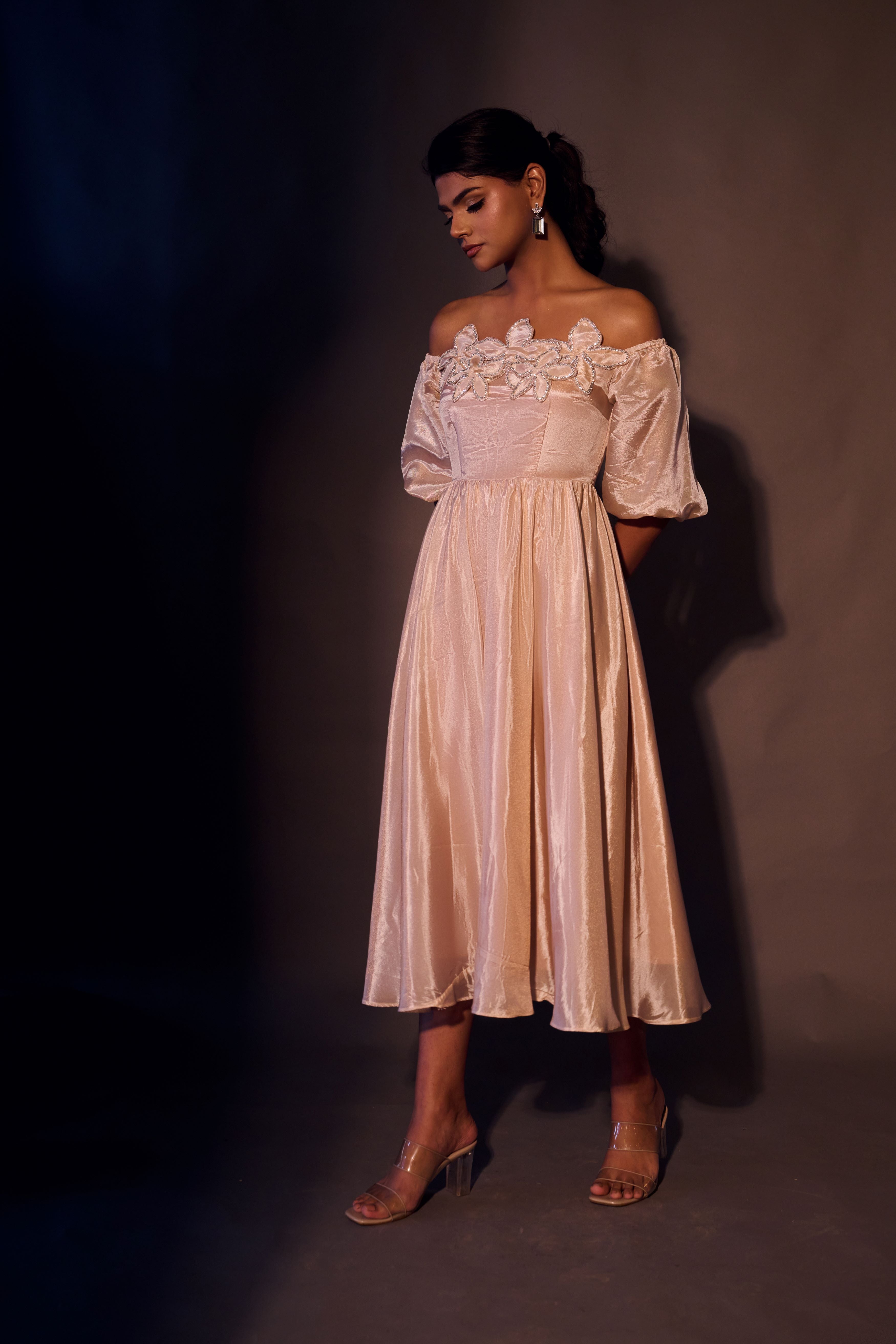 Weaving Cult Rose Gold Tissue Embellished Off Shoulder Dress