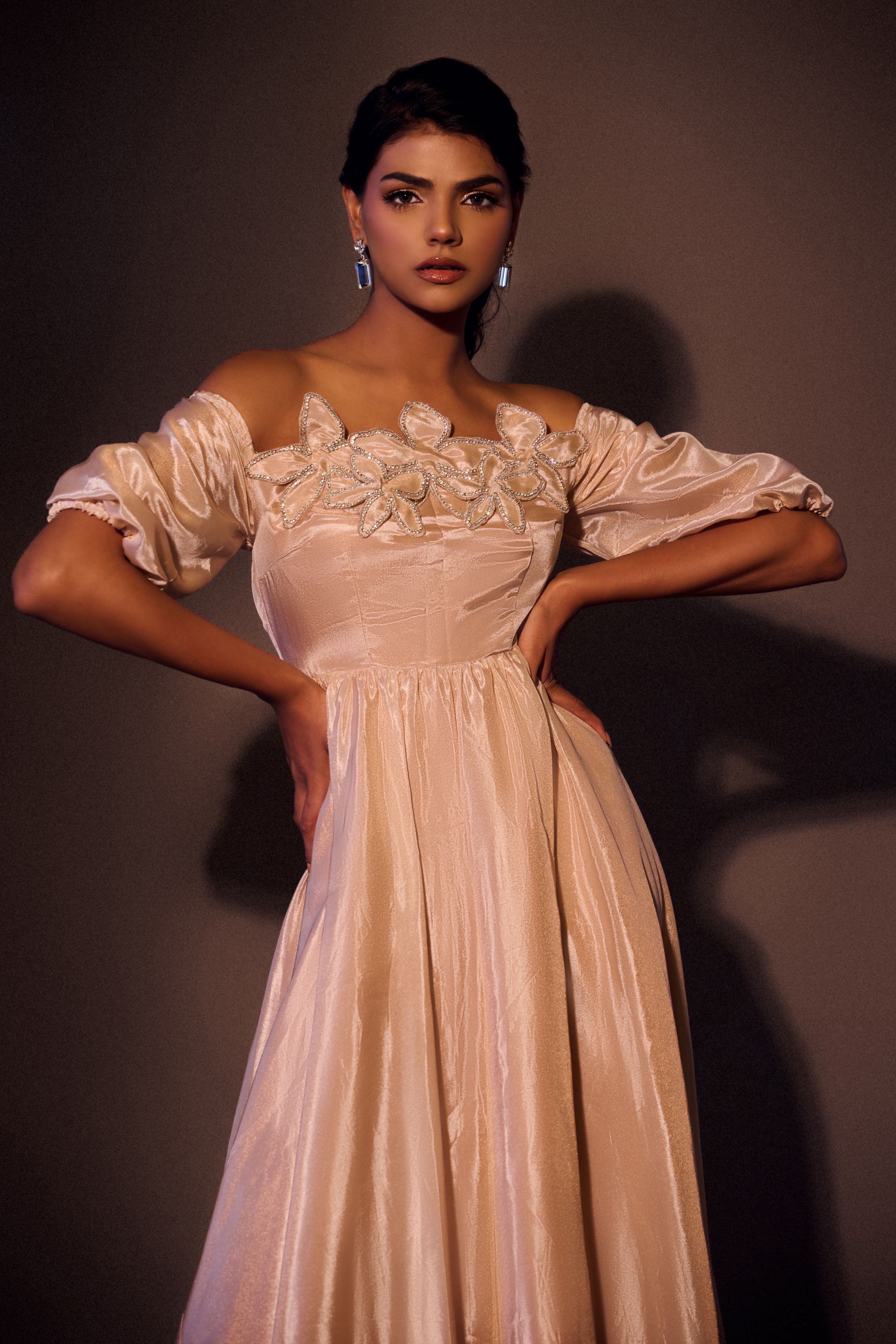 Weaving Cult Rose Gold Tissue Embellished Off Shoulder Dress