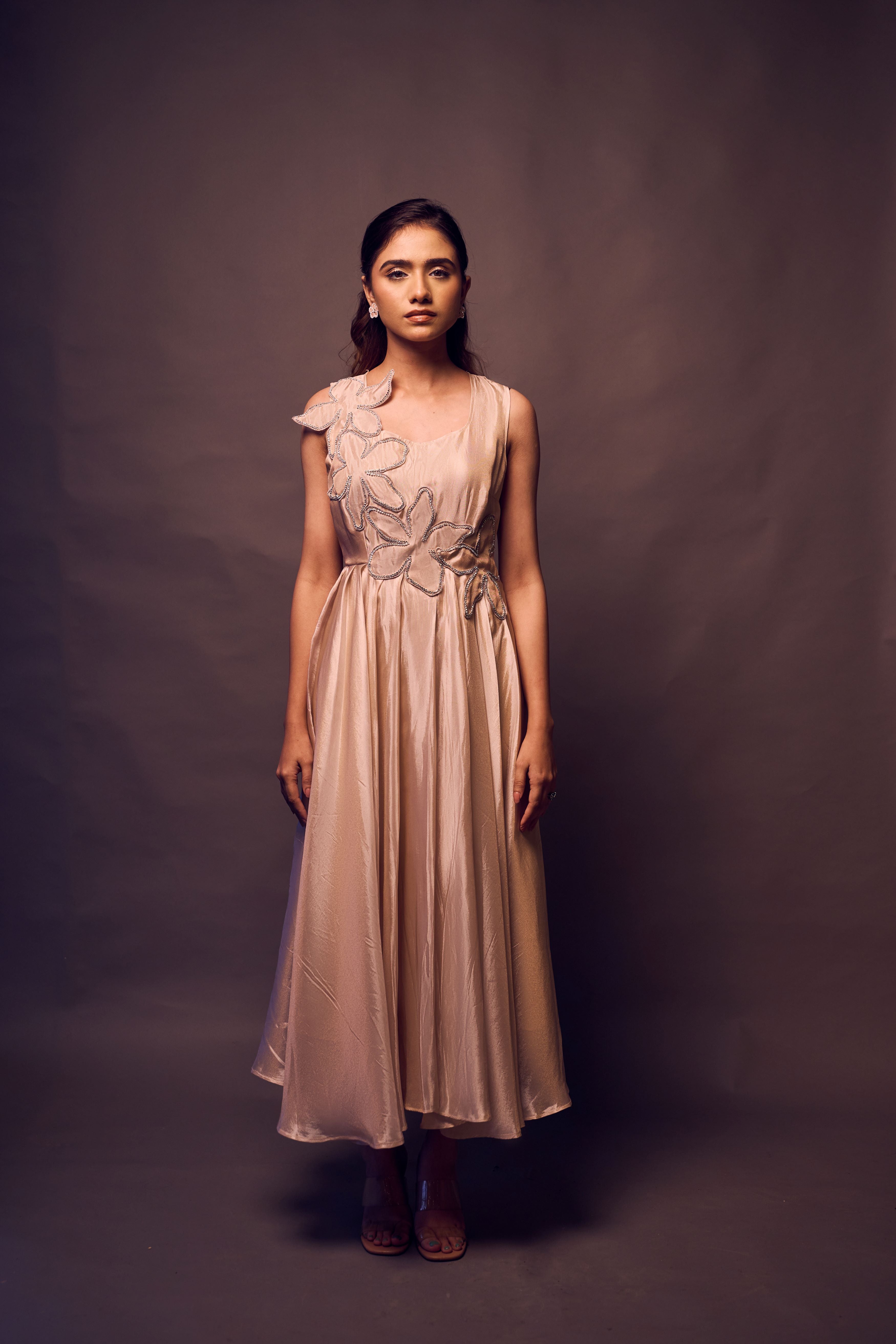 Weaving Cult Rose Gold Tissue Flared Embellished Dress