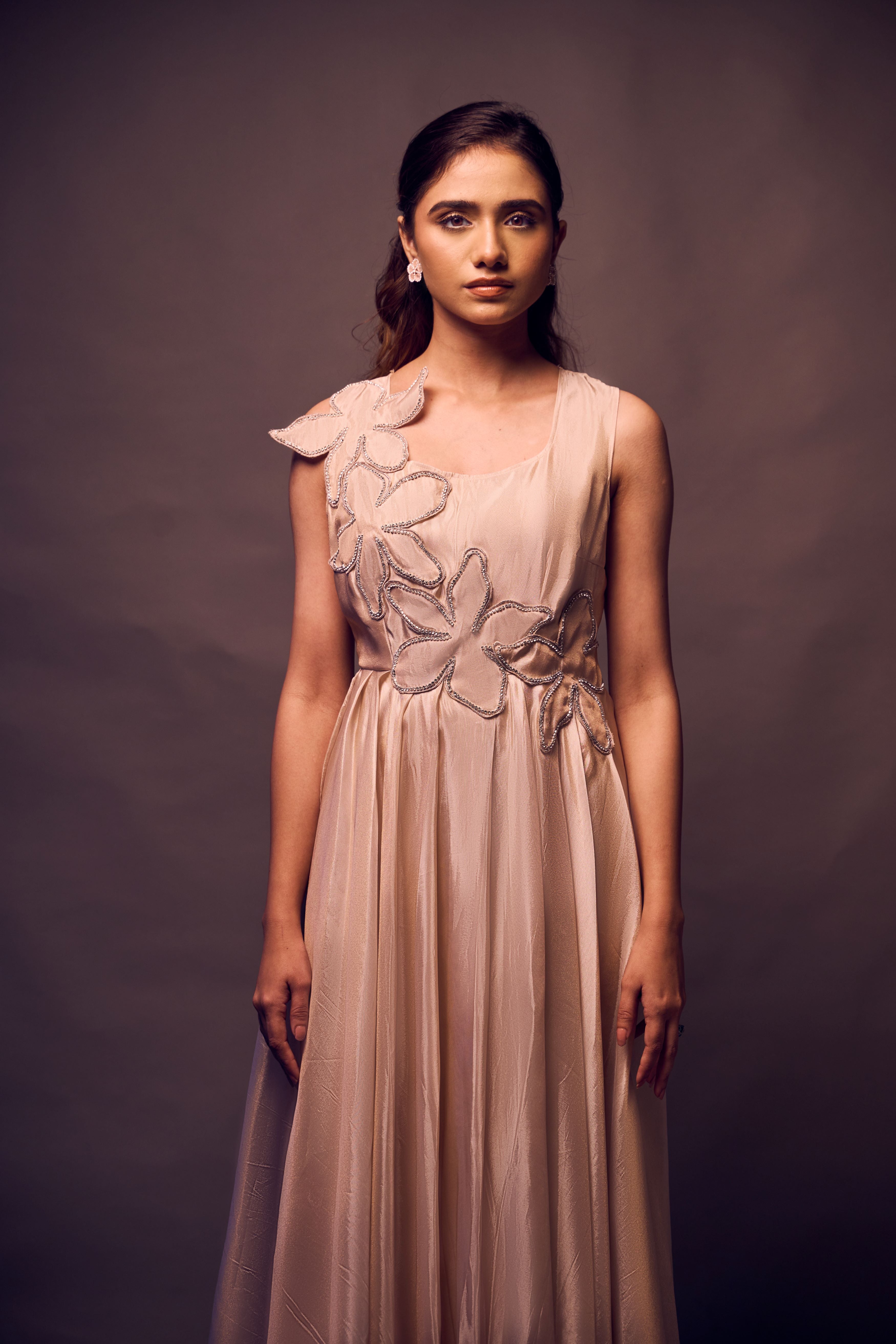 Weaving Cult Rose Gold Tissue Flared Embellished Dress