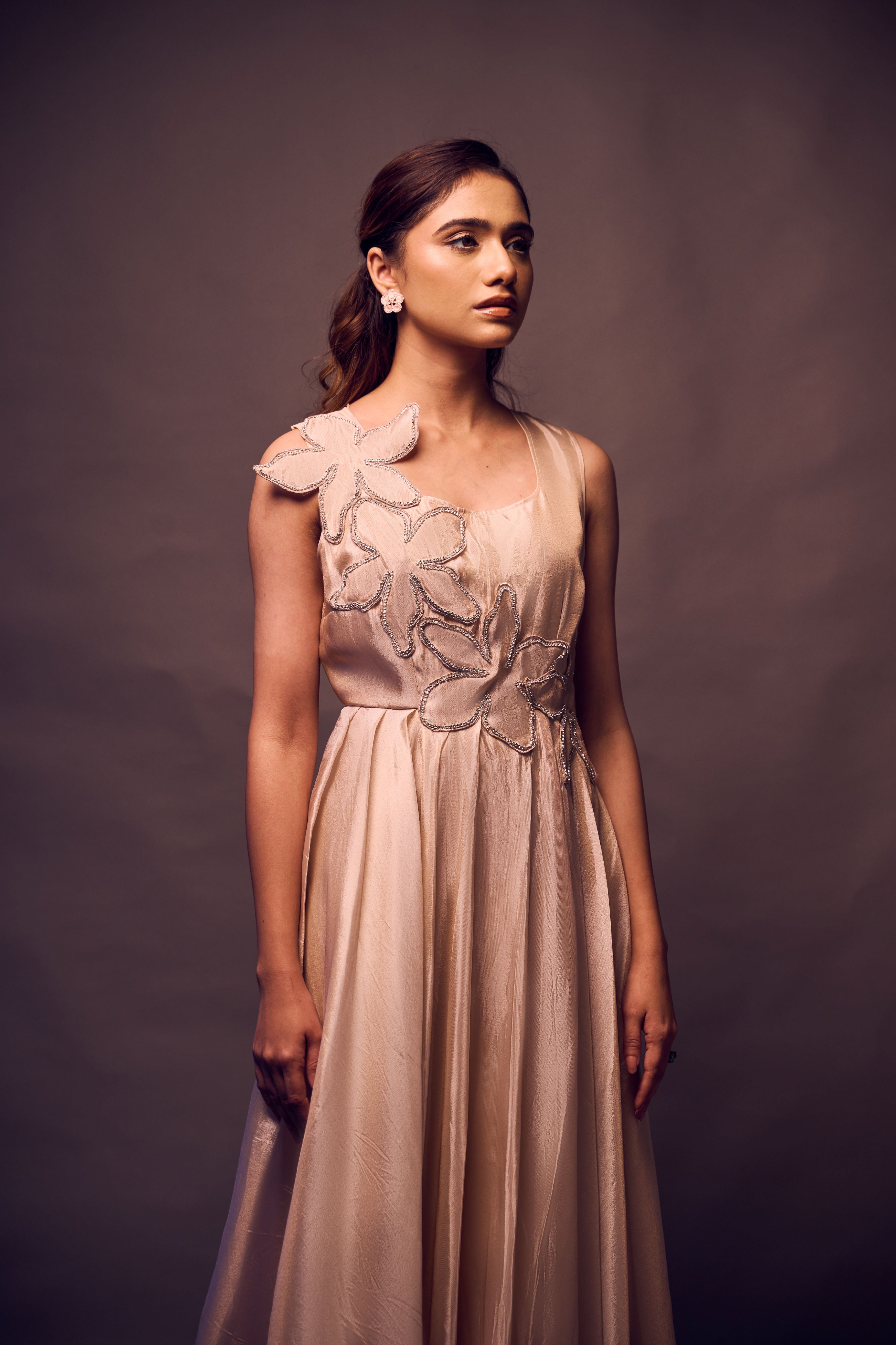 Weaving Cult Rose Gold Tissue Flared Embellished Dress