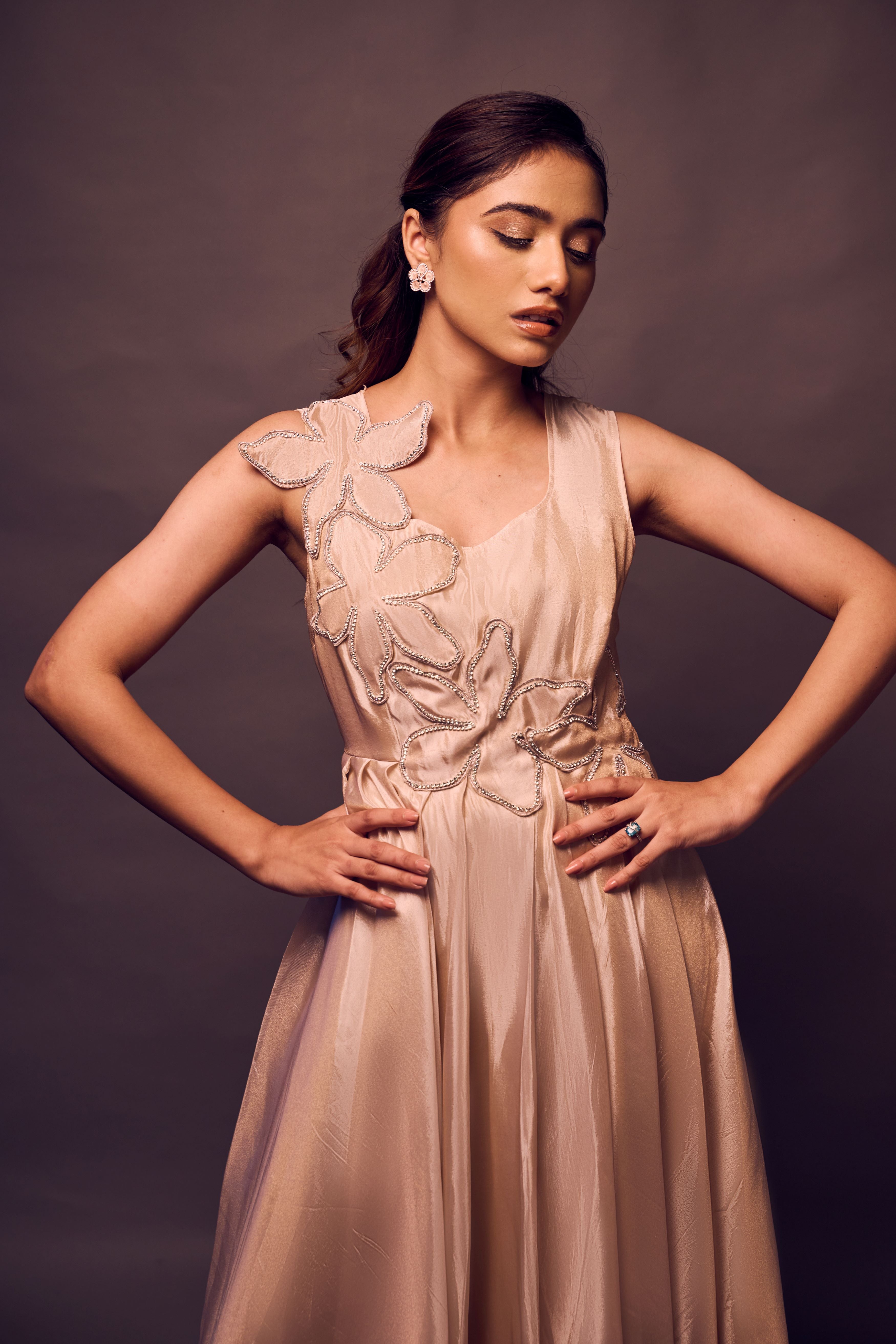 Weaving Cult Rose Gold Tissue Flared Embellished Dress