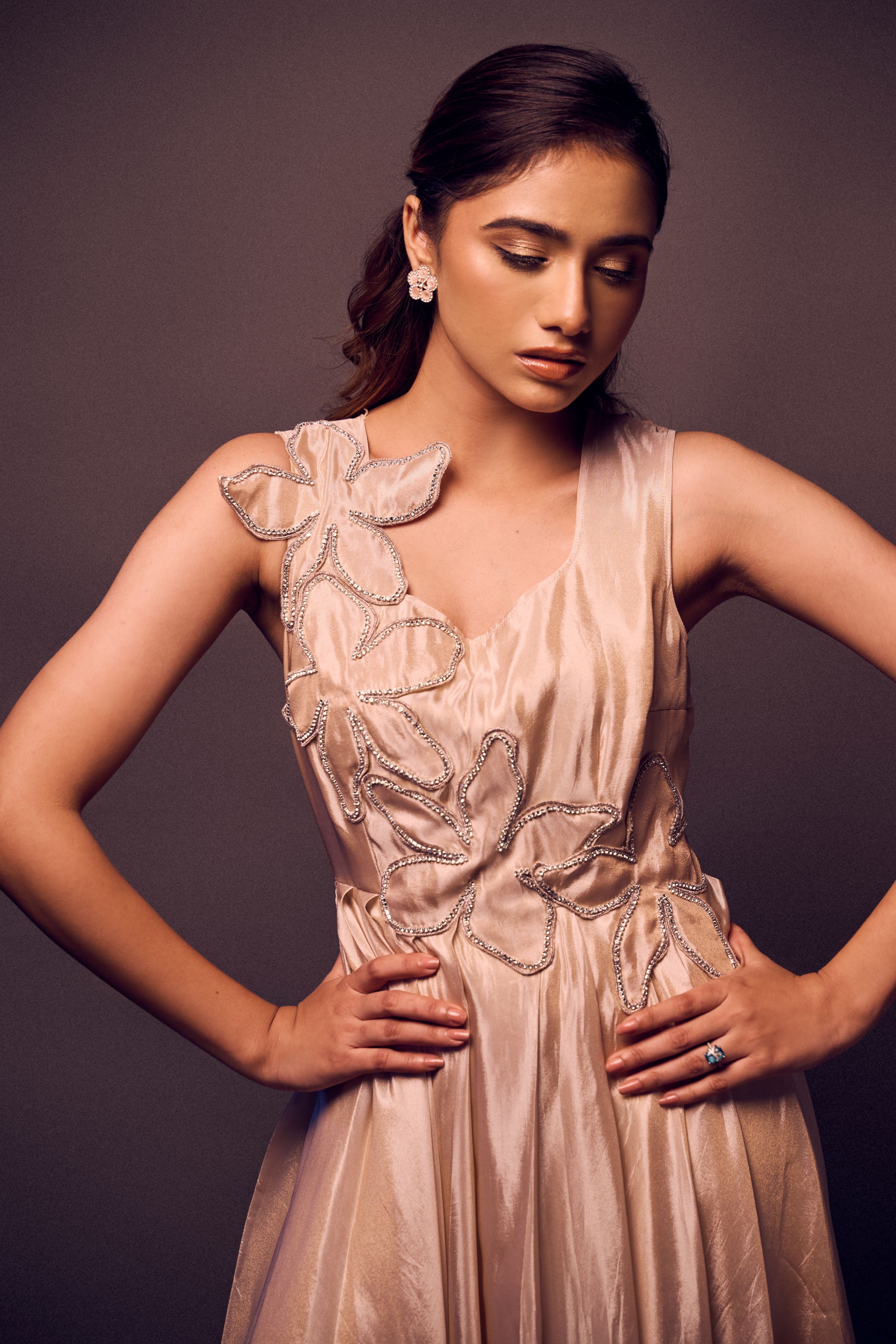 Weaving Cult Rose Gold Tissue Flared Embellished Dress