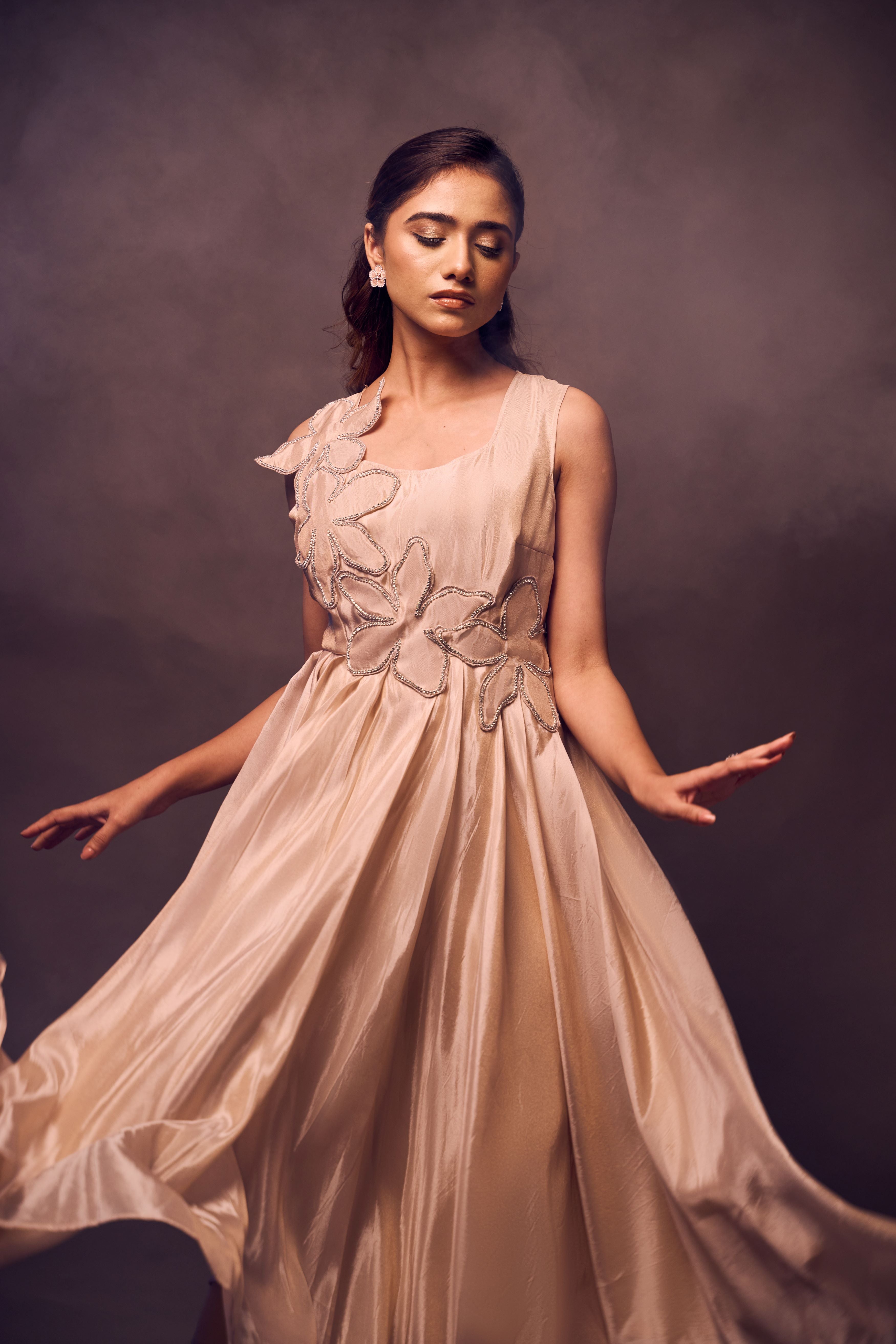 Weaving Cult Rose Gold Tissue Flared Embellished Dress