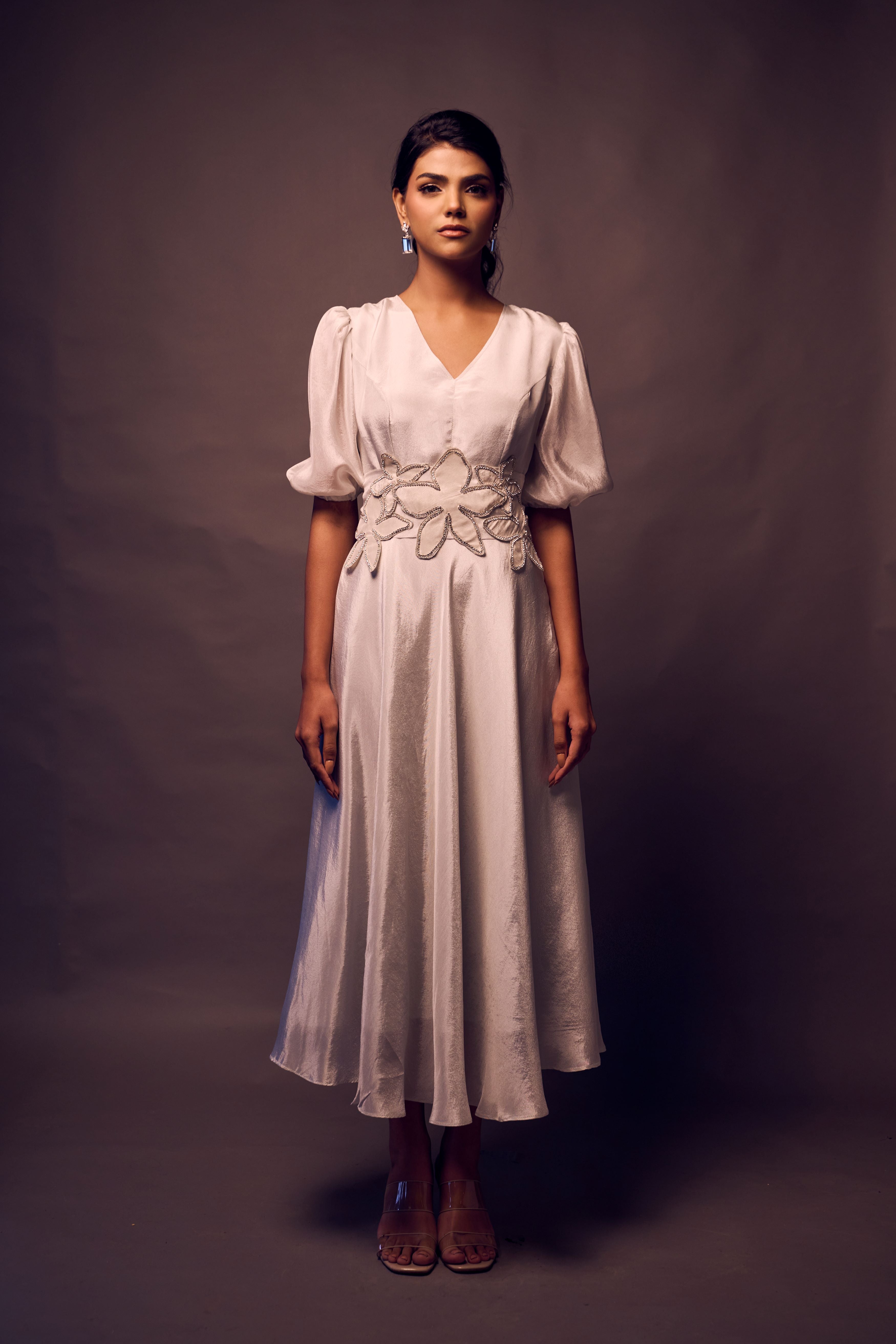 Weaving Cult Silver Tissue Dress With Embellished Belt