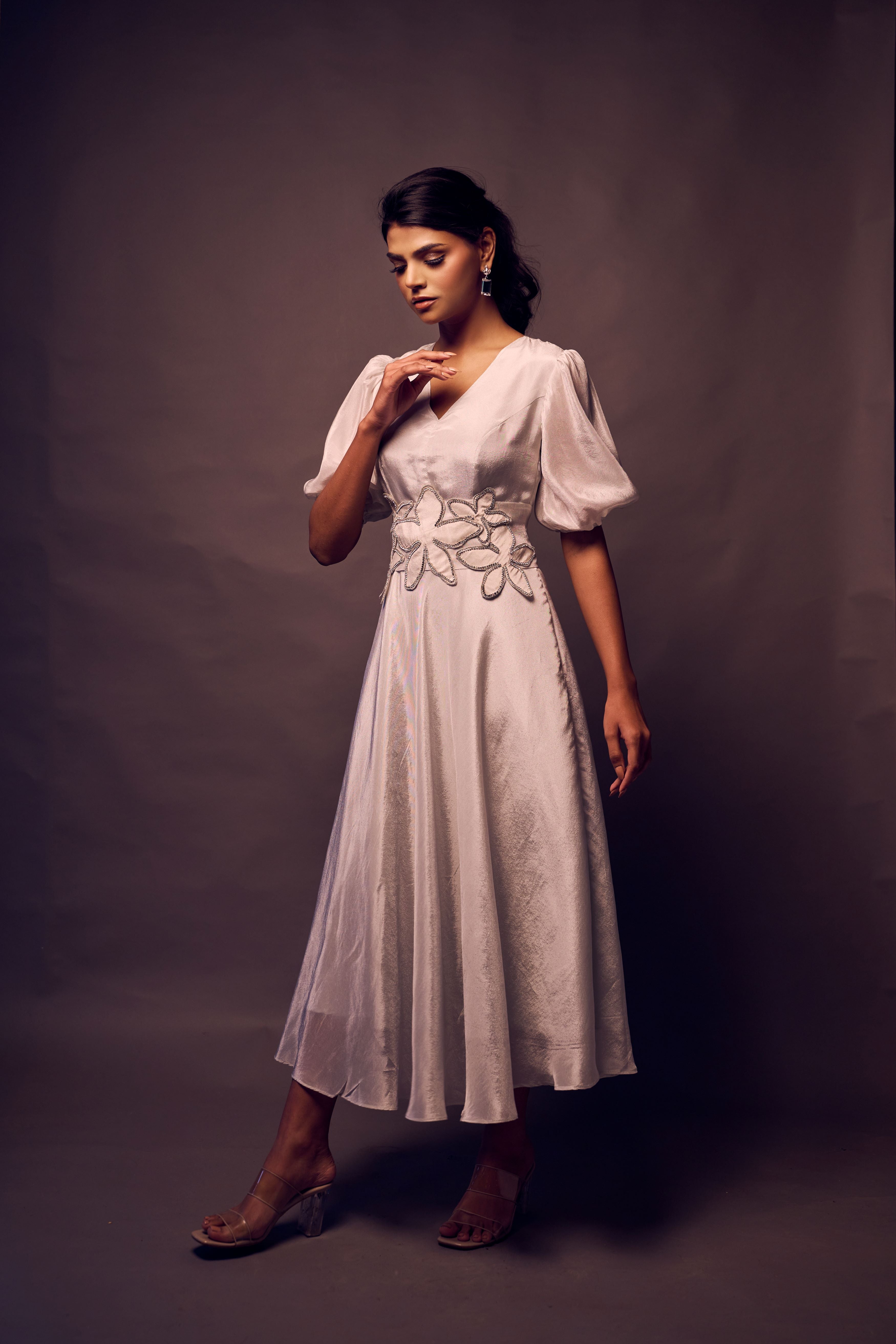 Weaving Cult Silver Tissue Dress With Embellished Belt