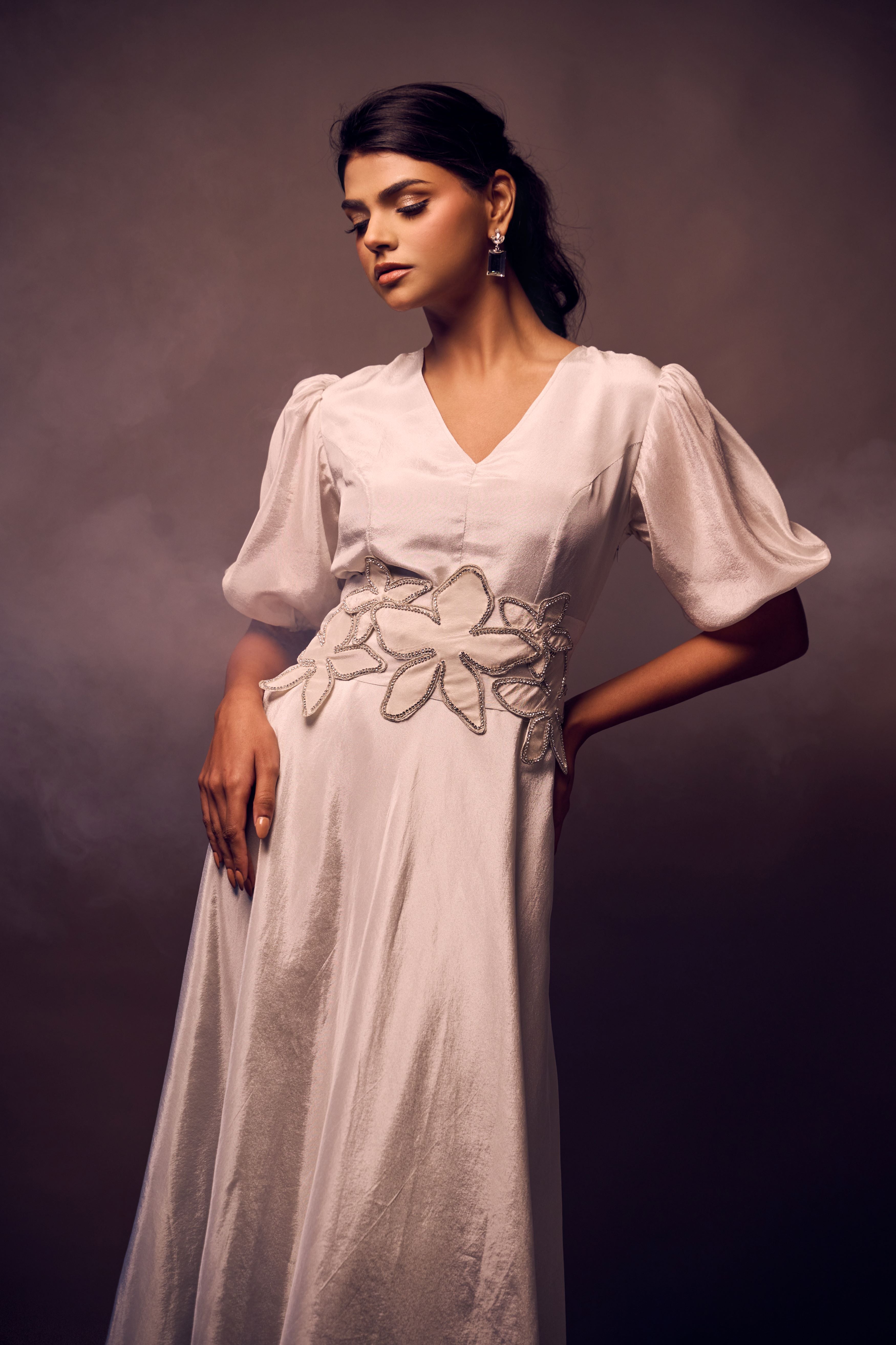 Weaving Cult Silver Tissue Dress With Embellished Belt