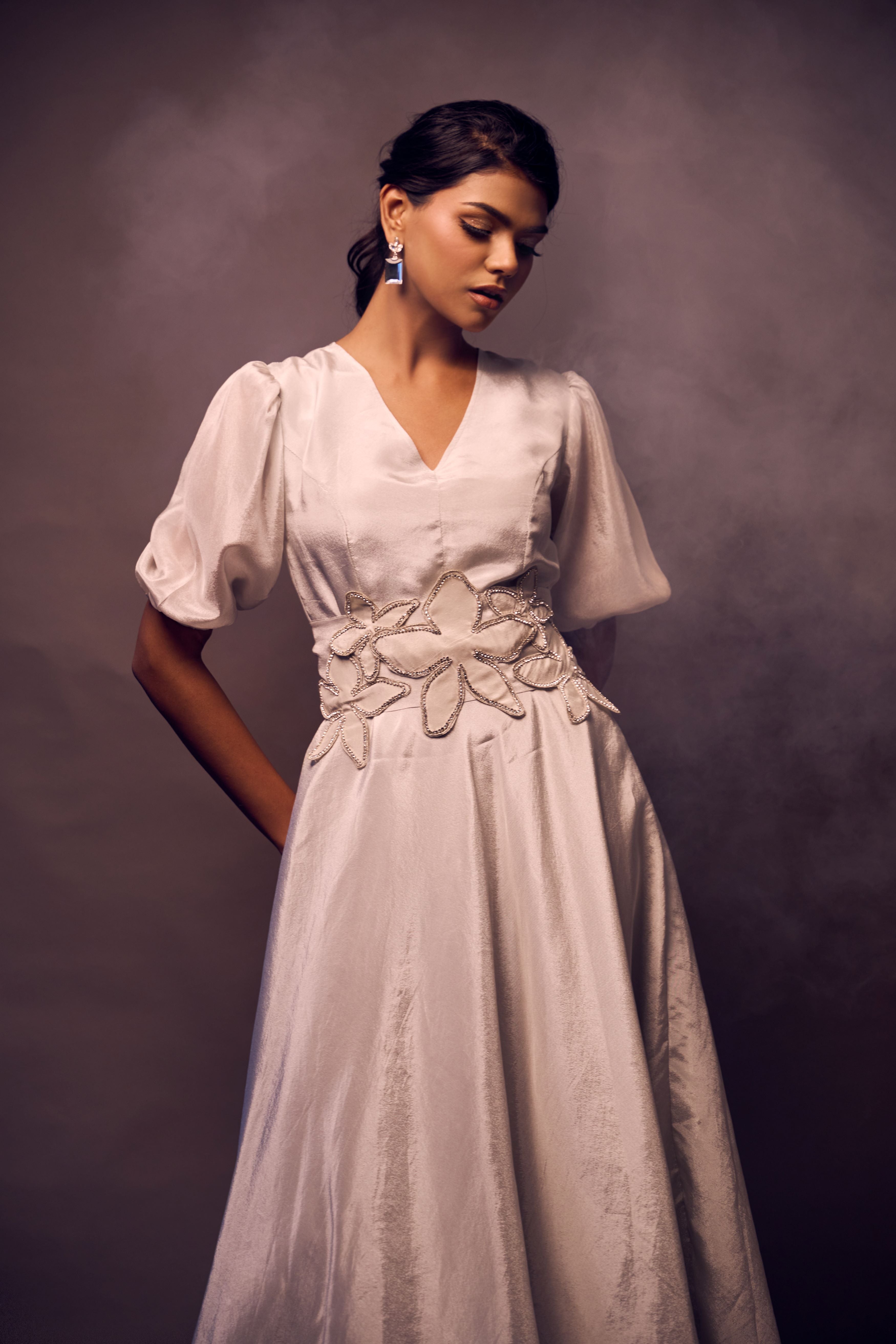 Weaving Cult Silver Tissue Dress With Embellished Belt