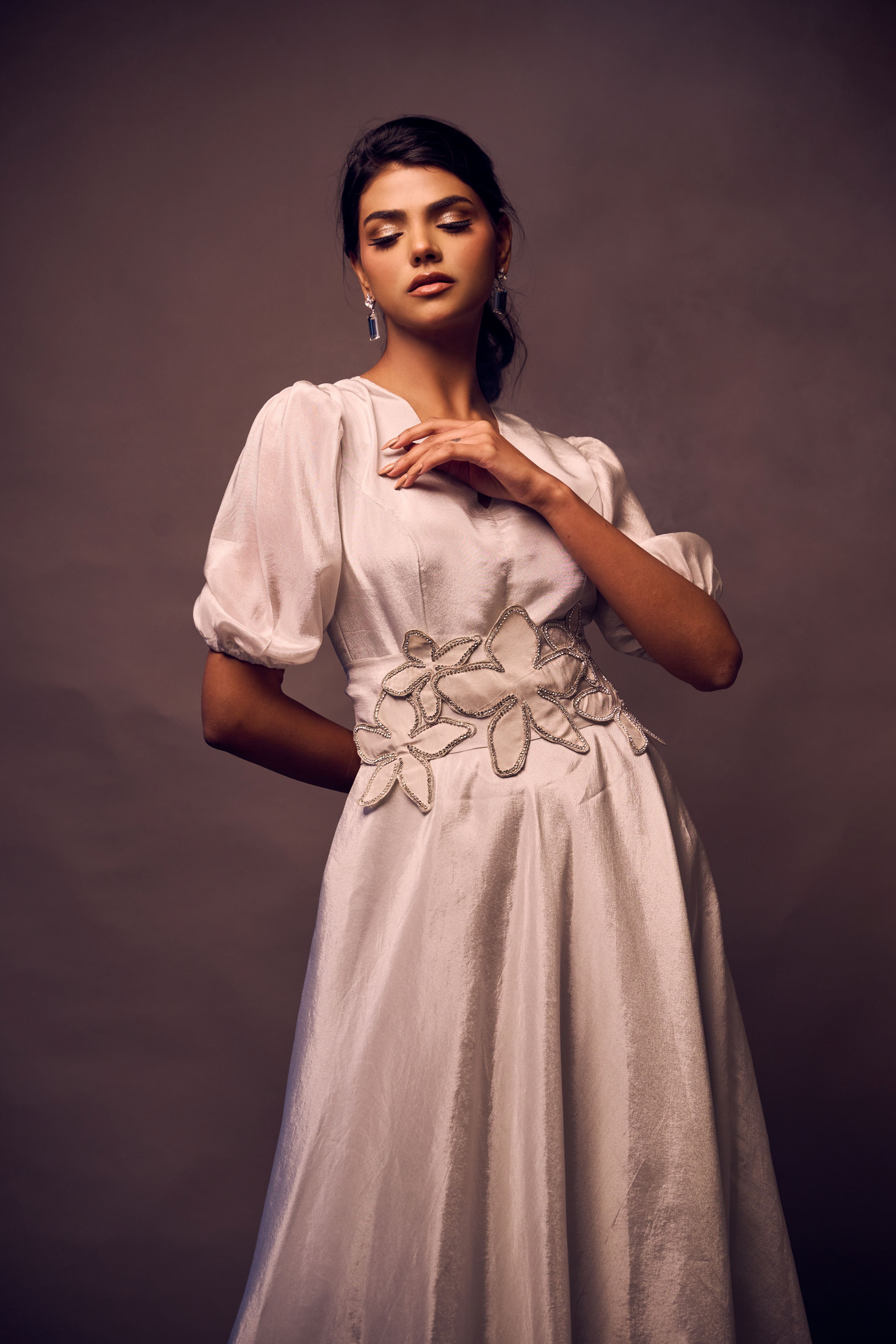 Weaving Cult Silver Tissue Dress With Embellished Belt