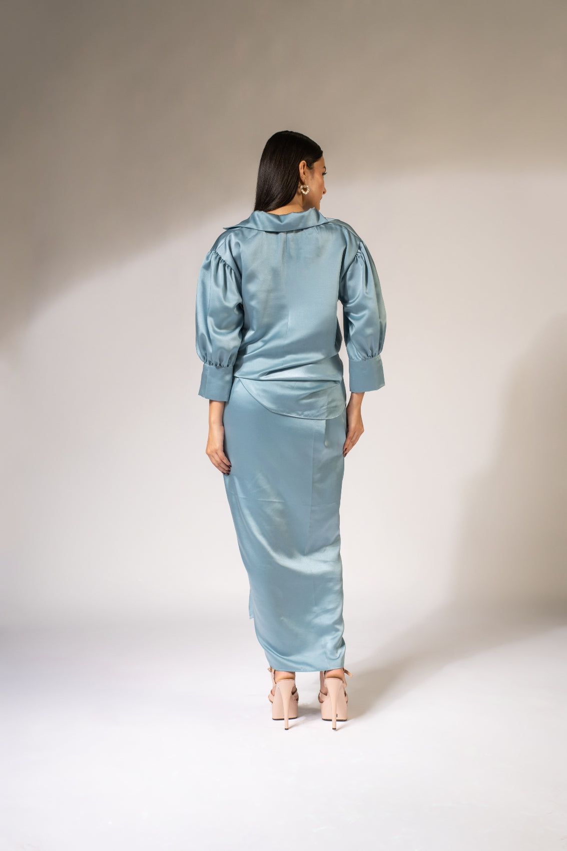 WEAVING CULT AQUA BLUE LUXE SATIN DRAPED SKIRT