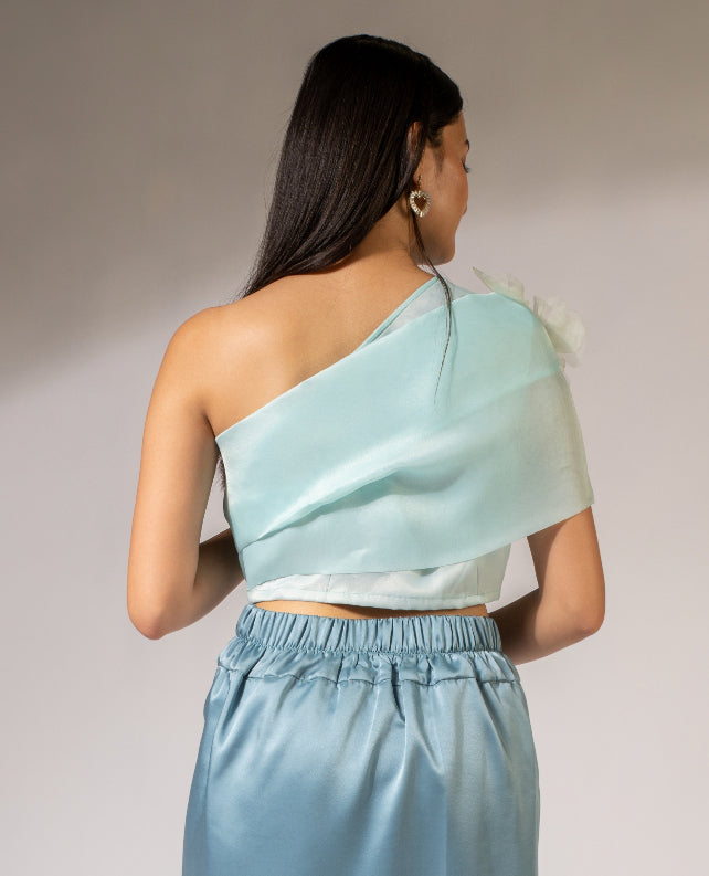 WEAVING CULT AQUA BLUE ORGANZA ONE OFF-SHOULDER TOP