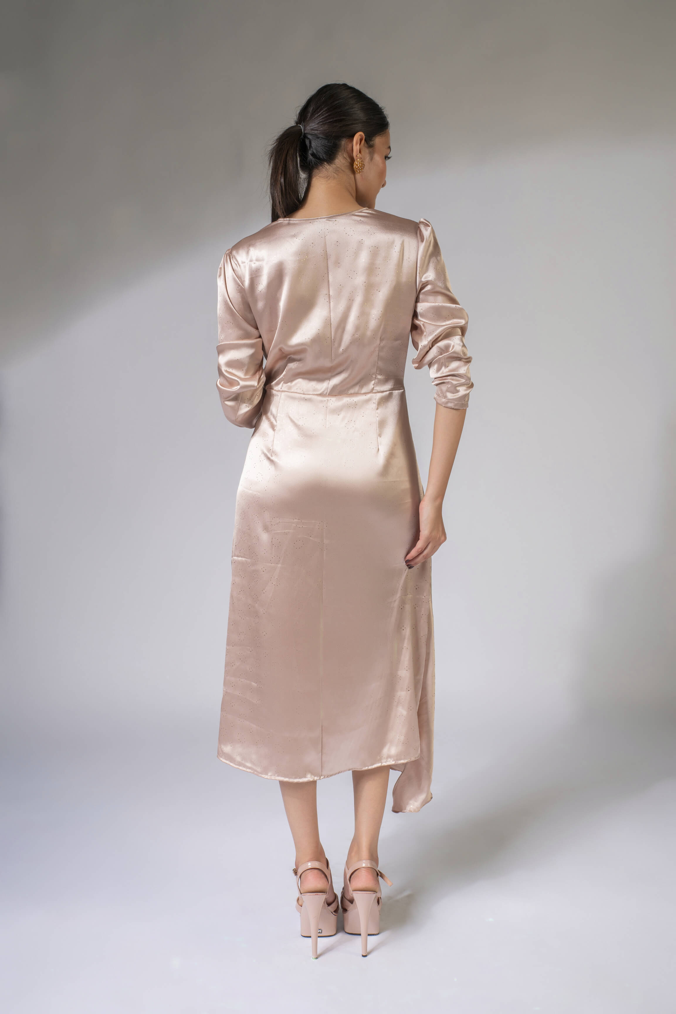 WEAVING CULT CHAMPAGNE AYSMETRICAL MIDI DRESS WITH DETACHABLE 3D FLOWER