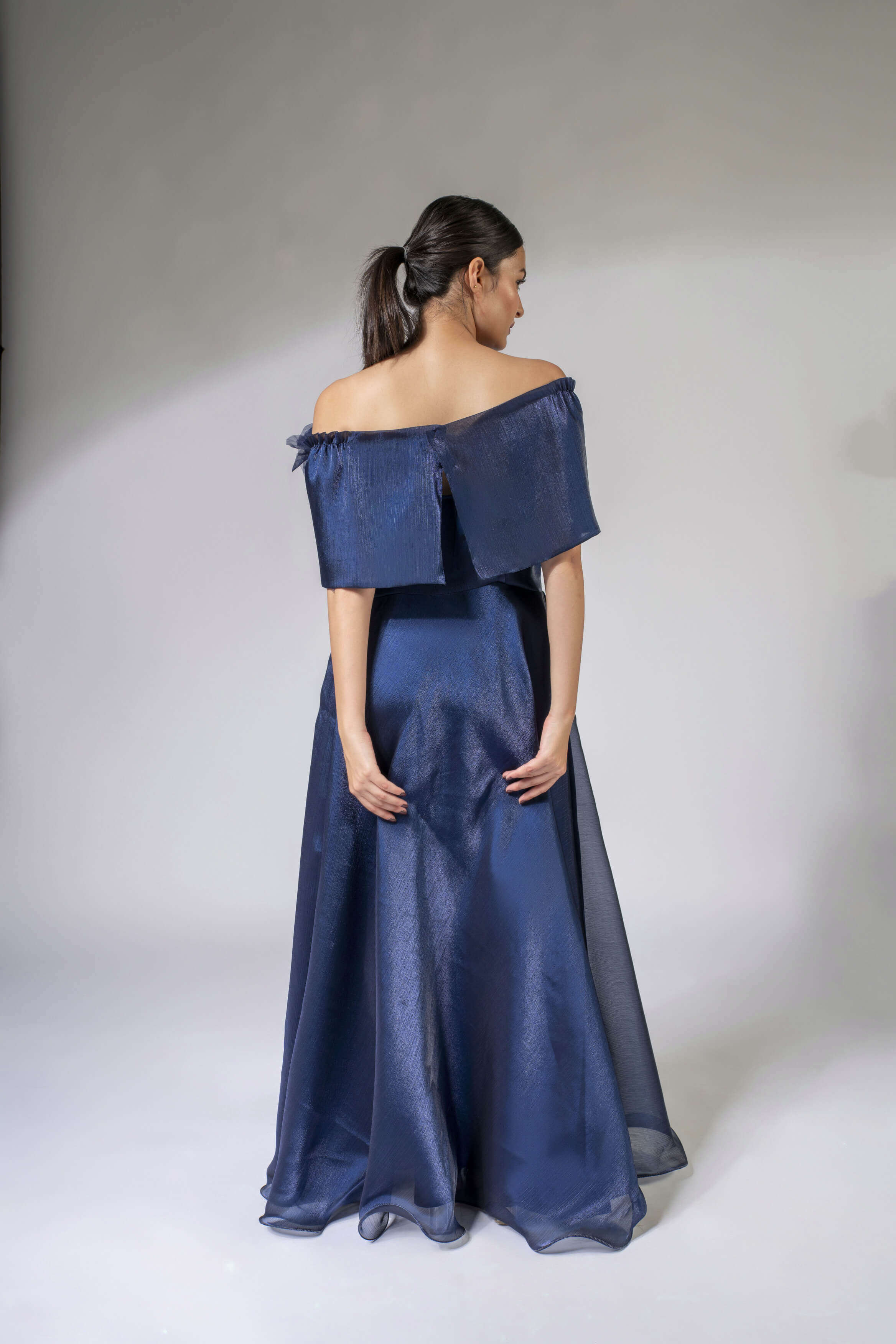 WEAVING CULT ROYAL BLUE SHIMMER ORGANZA MAXI DRESS WITH 3D FLOWER WRAP