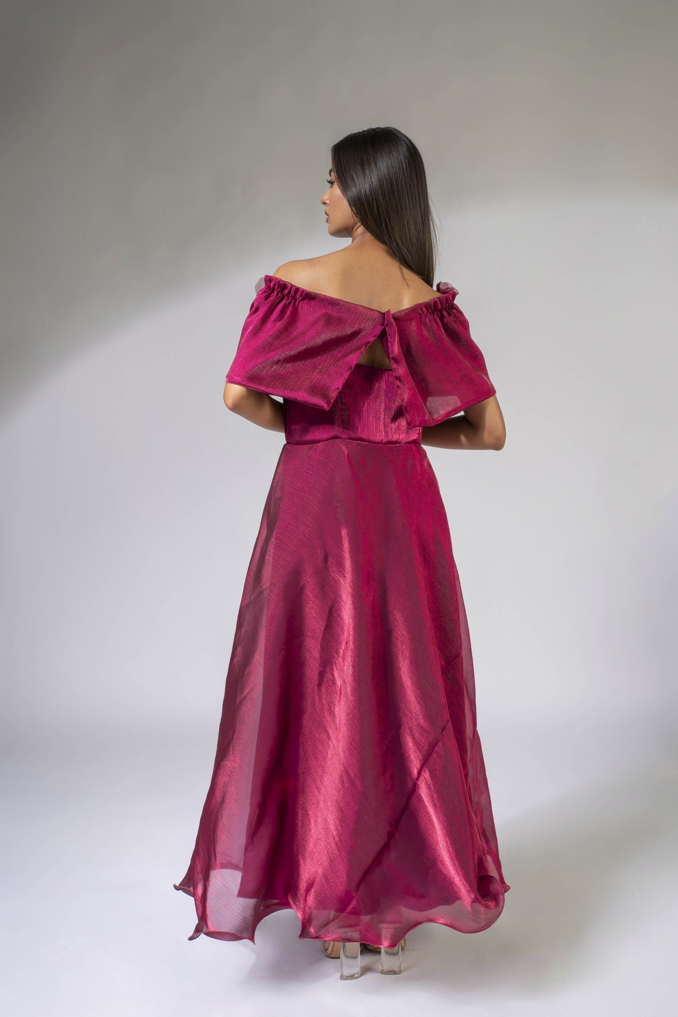 WEAVING CULT MAROON SHIMMER ORGANZA MAXI DRESS WITH 3D FLOWER DETAILING