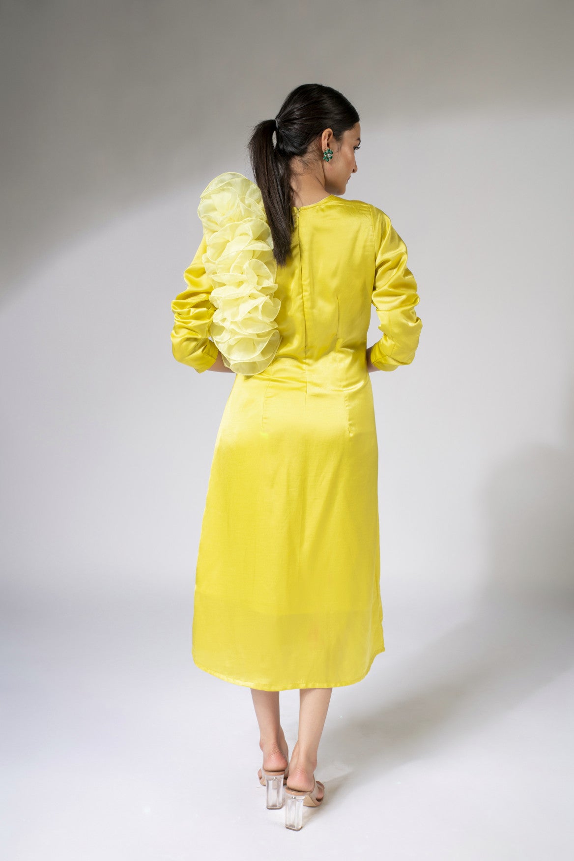 WEAVING CULT YELLOW BLAIR RUFFLE DETAILING MIDI DRESS