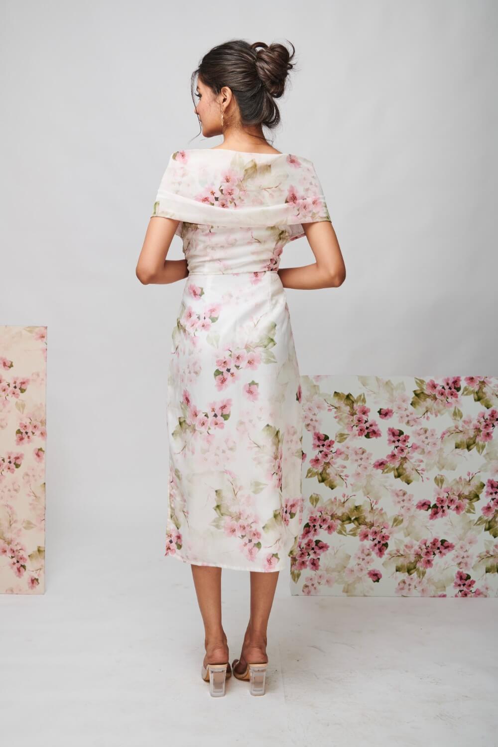 FLORAL PRINTED DRAPED MIDI DRESS