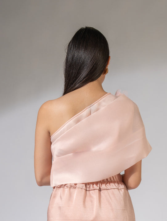 WEAVING CULT PEACH ORGANZA ONE OFF-SHOULDER TOP