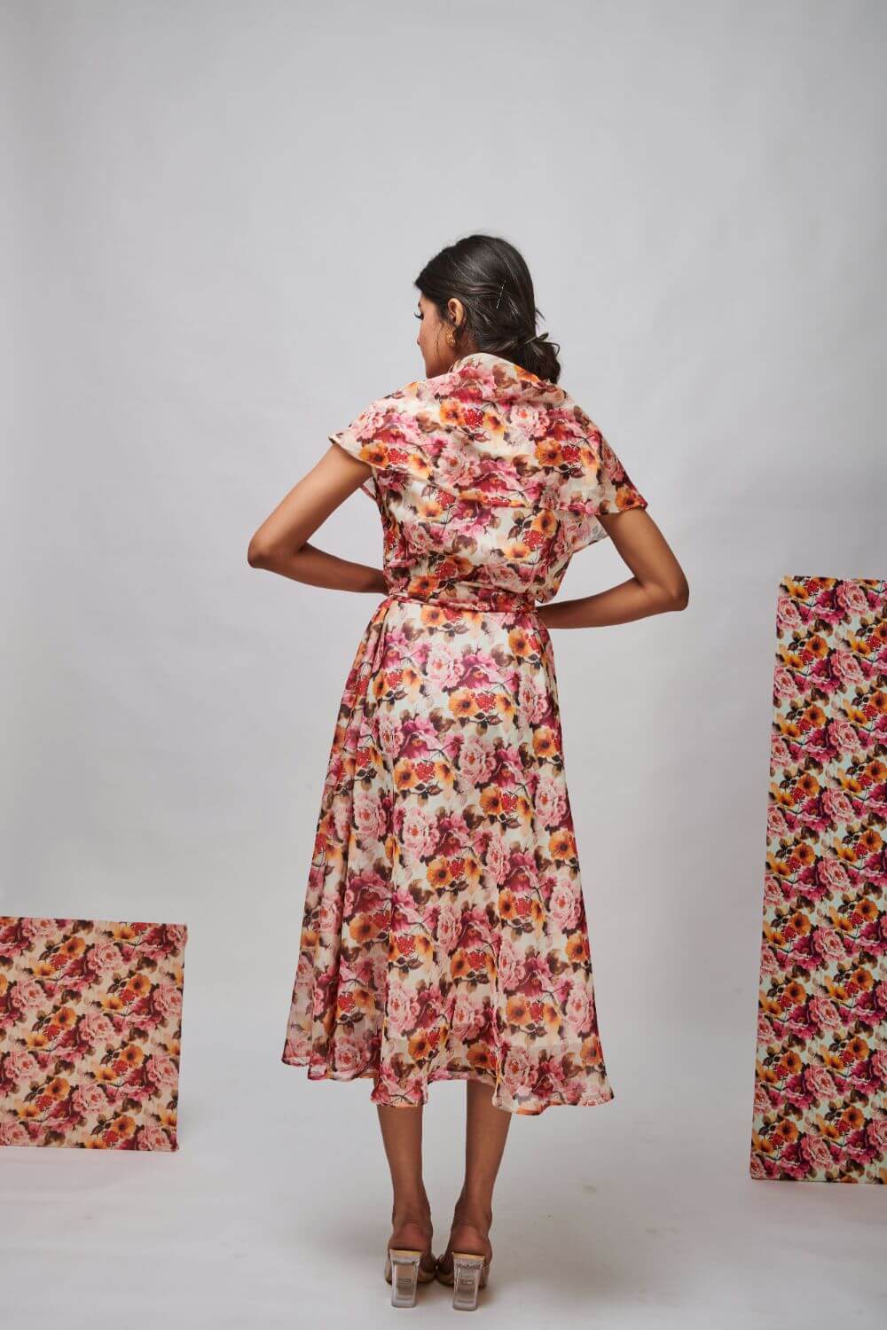 VINTAGE FLORAL SHAWL COLLAR MIDI DRESS