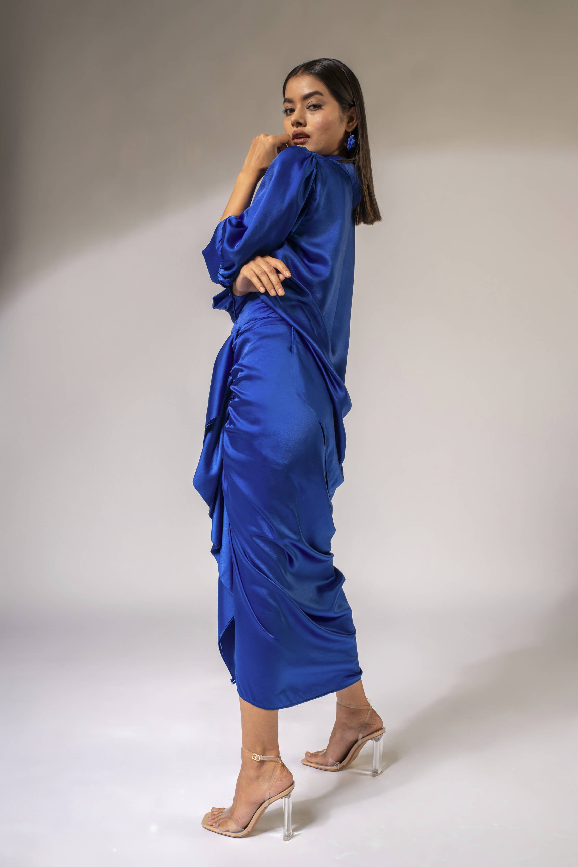 WEAVING CULT ROYAL BLUE LUXE SATIN DRAPED SKIRT