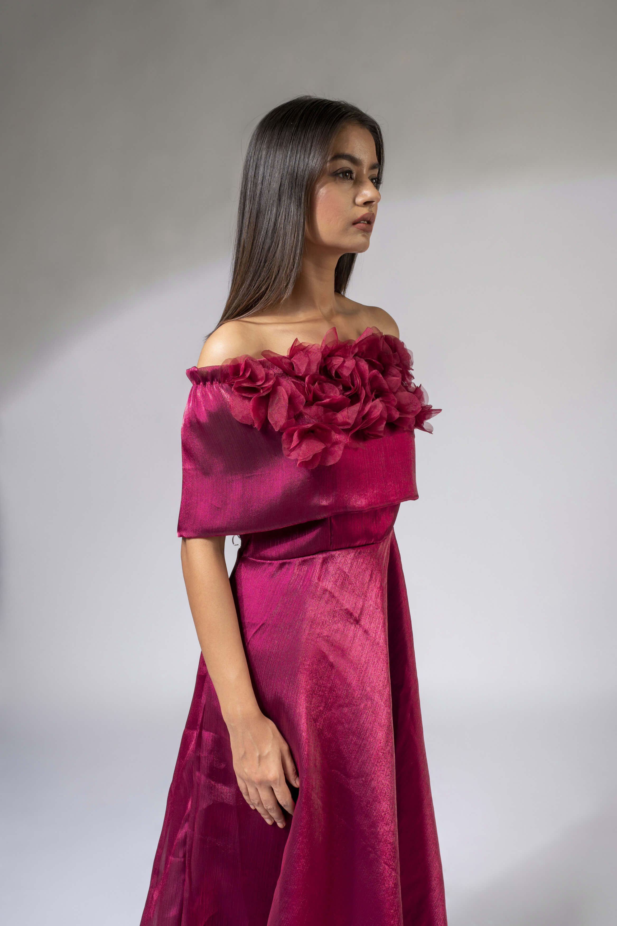 WEAVING CULT MAROON SHIMMER ORGANZA MAXI DRESS WITH 3D FLOWER DETAILING