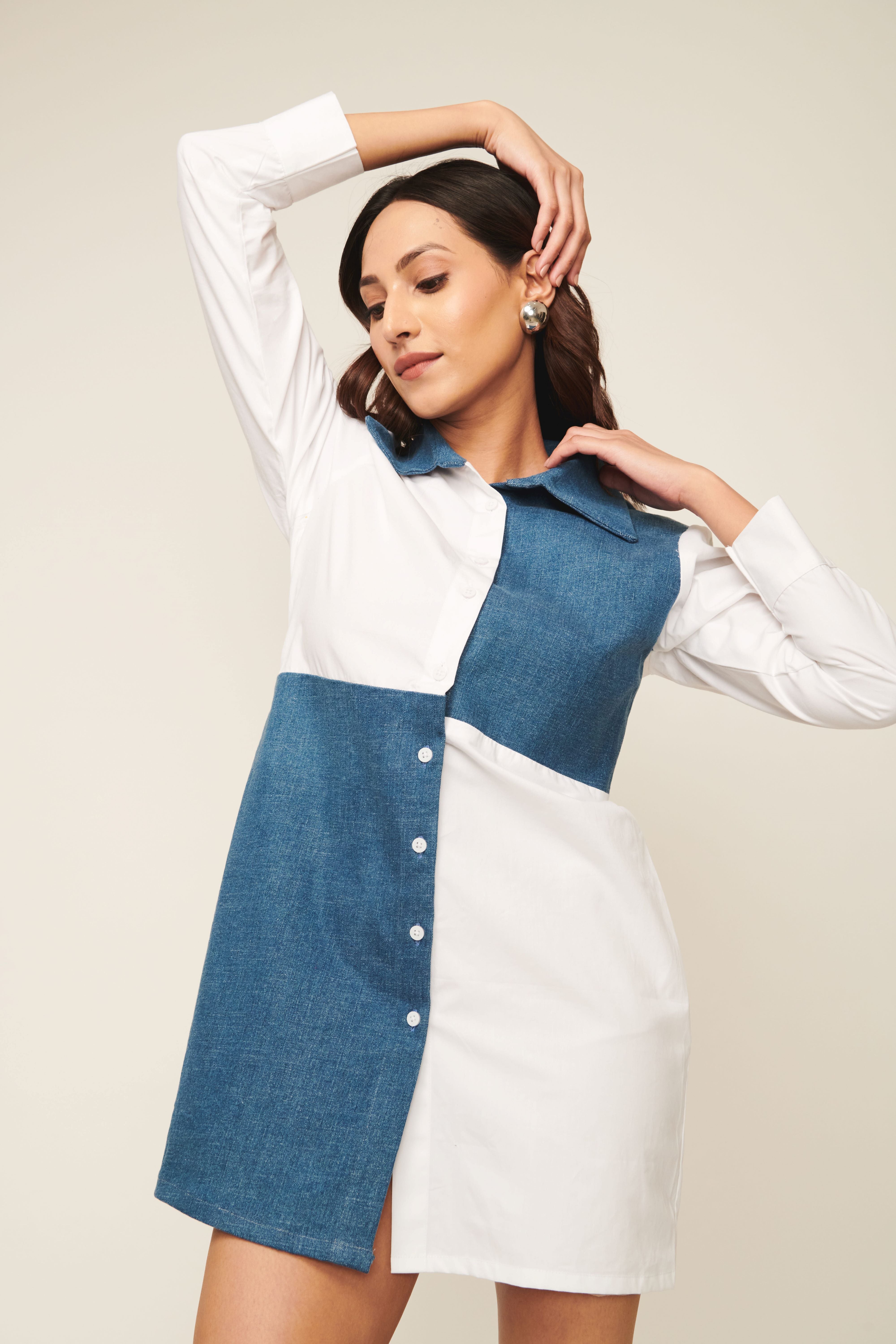 Colour Block Denim With Cotton Dress