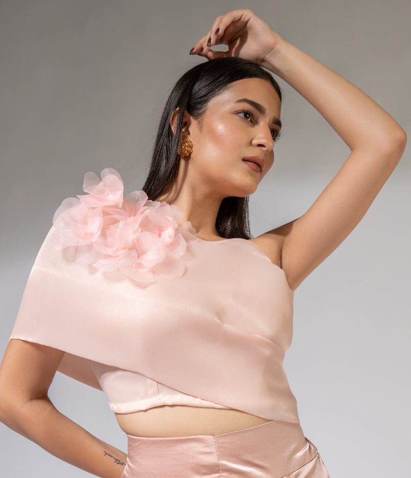 WEAVING CULT PEACH ORGANZA ONE OFF-SHOULDER TOP