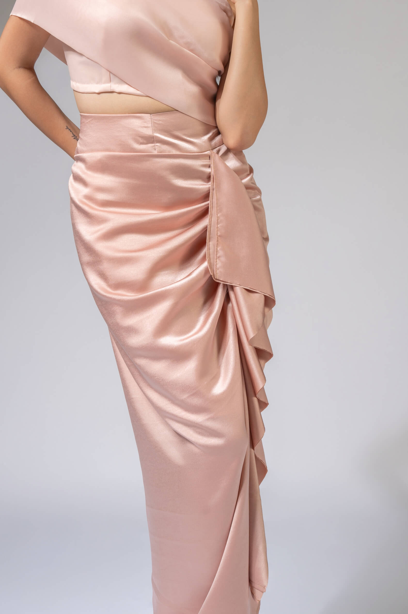 WEAVING CULT ROSE PINK LUXE SATIN DRAPED SKIRT