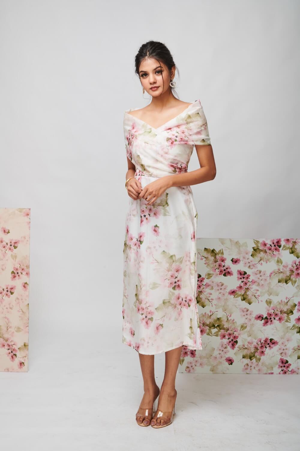 FLORAL PRINTED DRAPED MIDI DRESS