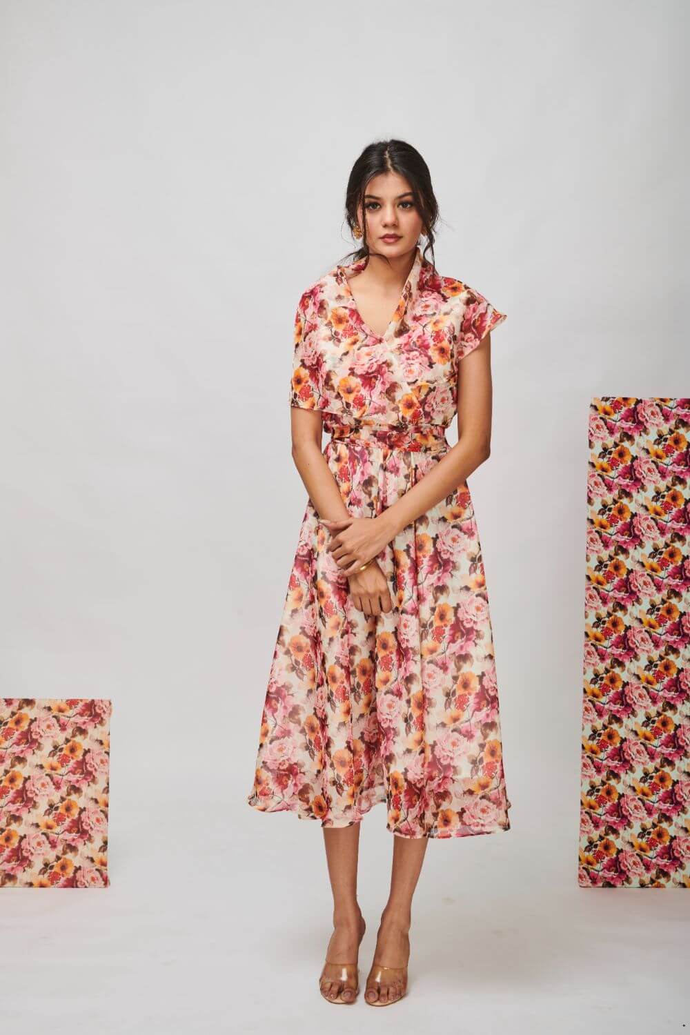 VINTAGE FLORAL SHAWL COLLAR MIDI DRESS