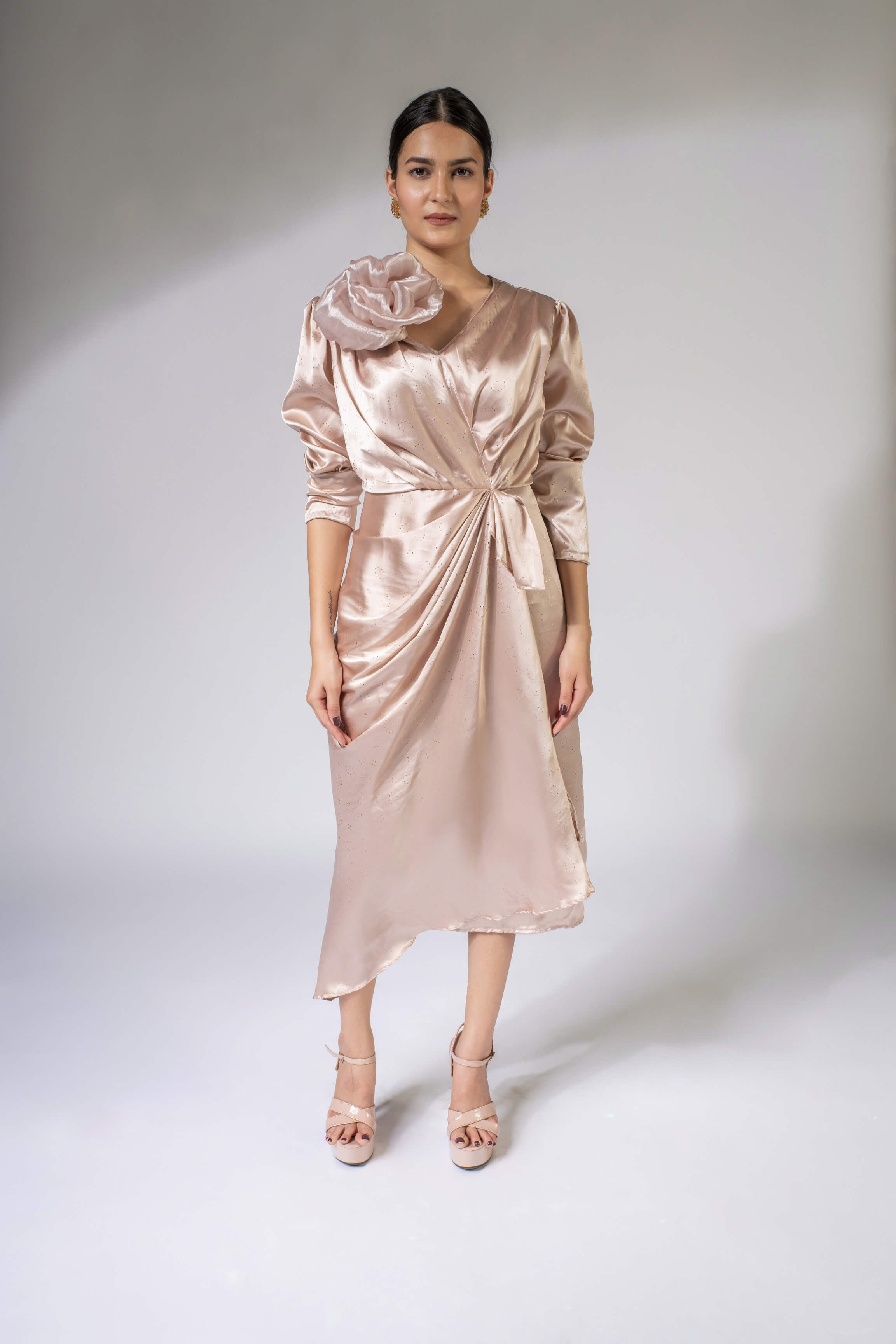 WEAVING CULT CHAMPAGNE AYSMETRICAL MIDI DRESS WITH DETACHABLE 3D FLOWER