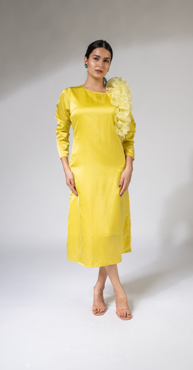 WEAVING CULT YELLOW BLAIR RUFFLE DETAILING MIDI DRESS