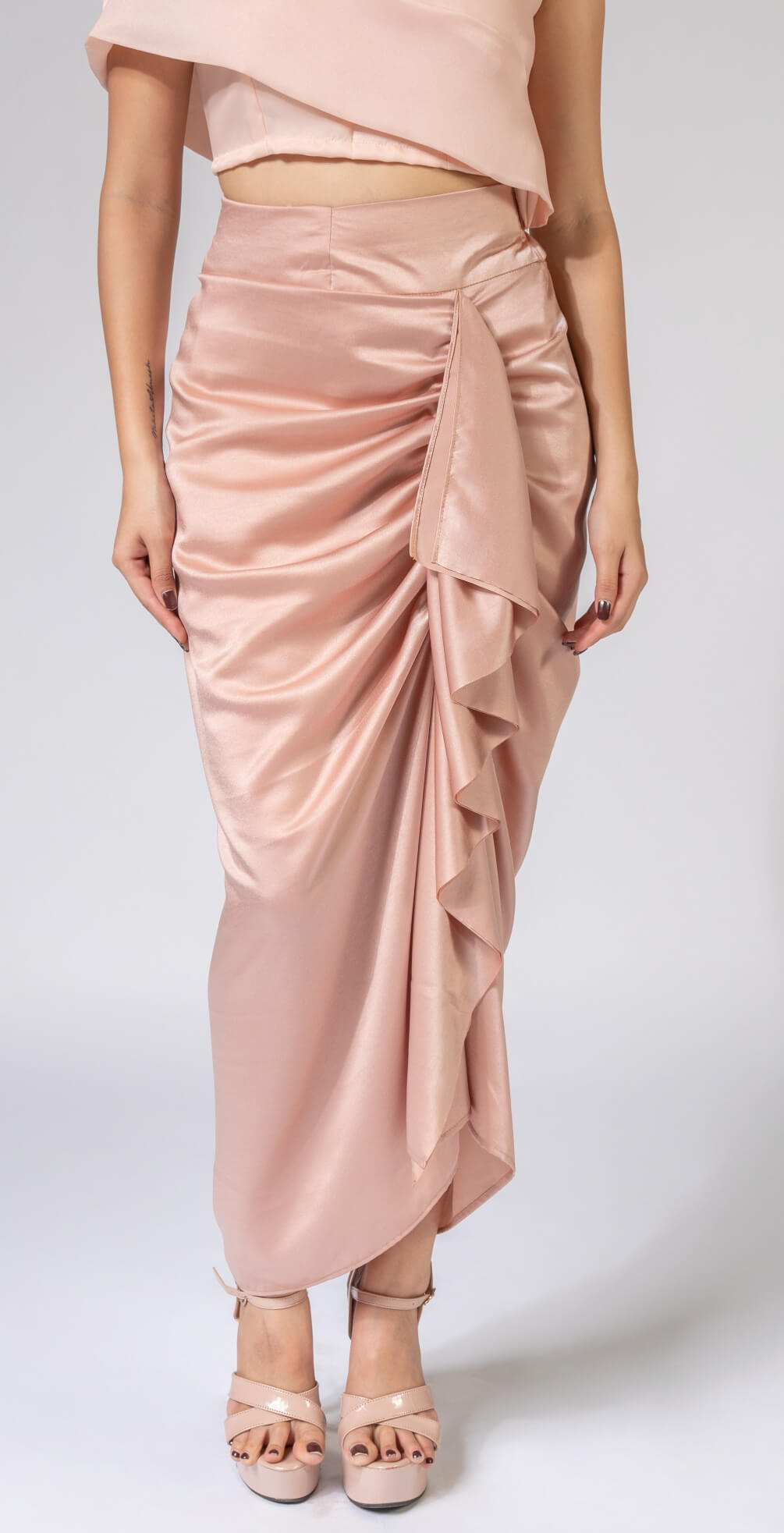 WEAVING CULT ROSE PINK LUXE SATIN DRAPED SKIRT