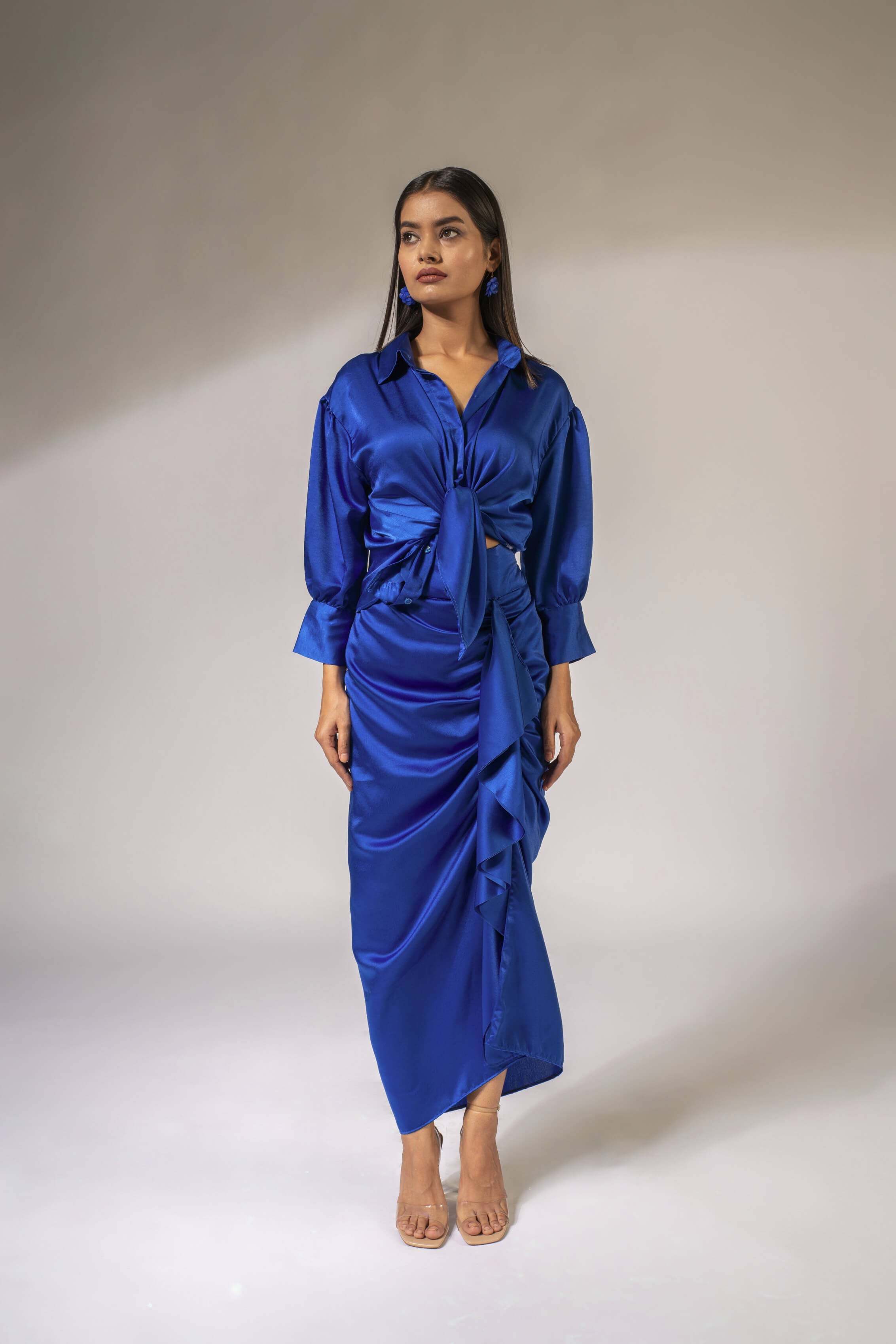 WEAVING CULT ROYAL BLUE LUXE SATIN DRAPED SKIRT