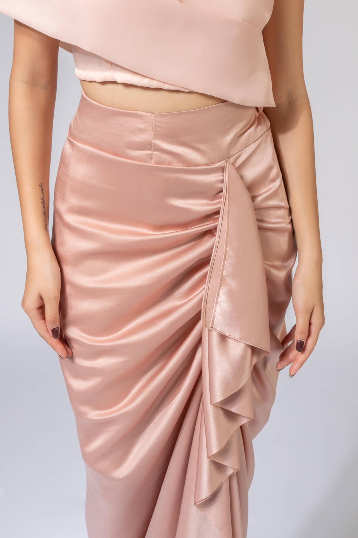 WEAVING CULT ROSE PINK LUXE SATIN DRAPED SKIRT