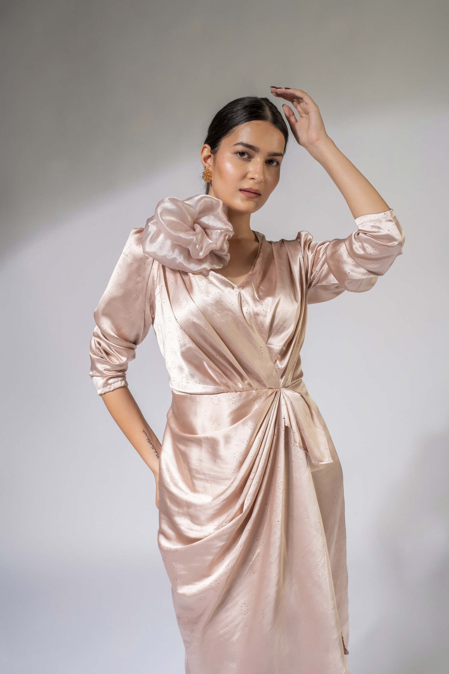 WEAVING CULT CHAMPAGNE AYSMETRICAL MIDI DRESS WITH DETACHABLE 3D FLOWER