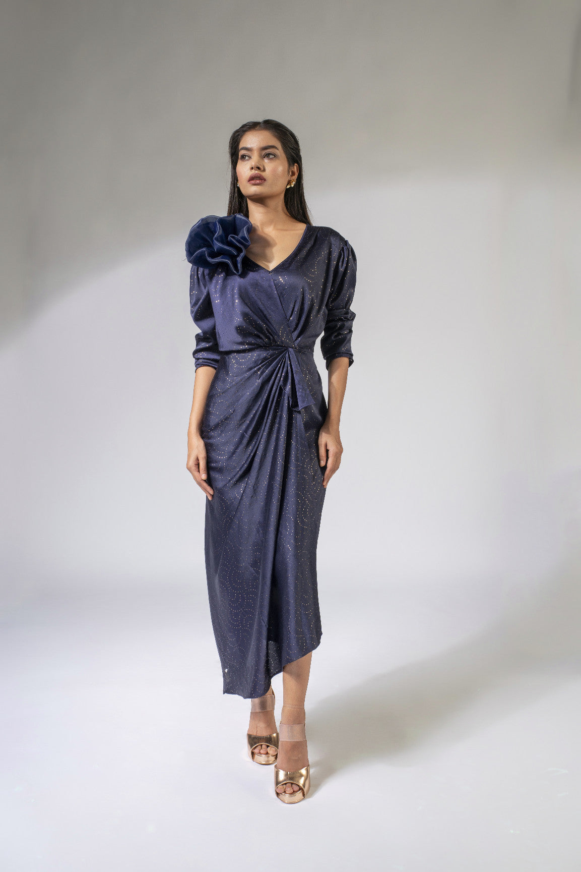 WEAVING CULT MIDNIGHT AYSMETRICAL MIDI DRESS WITH DETACHABLE 3D FLOWER