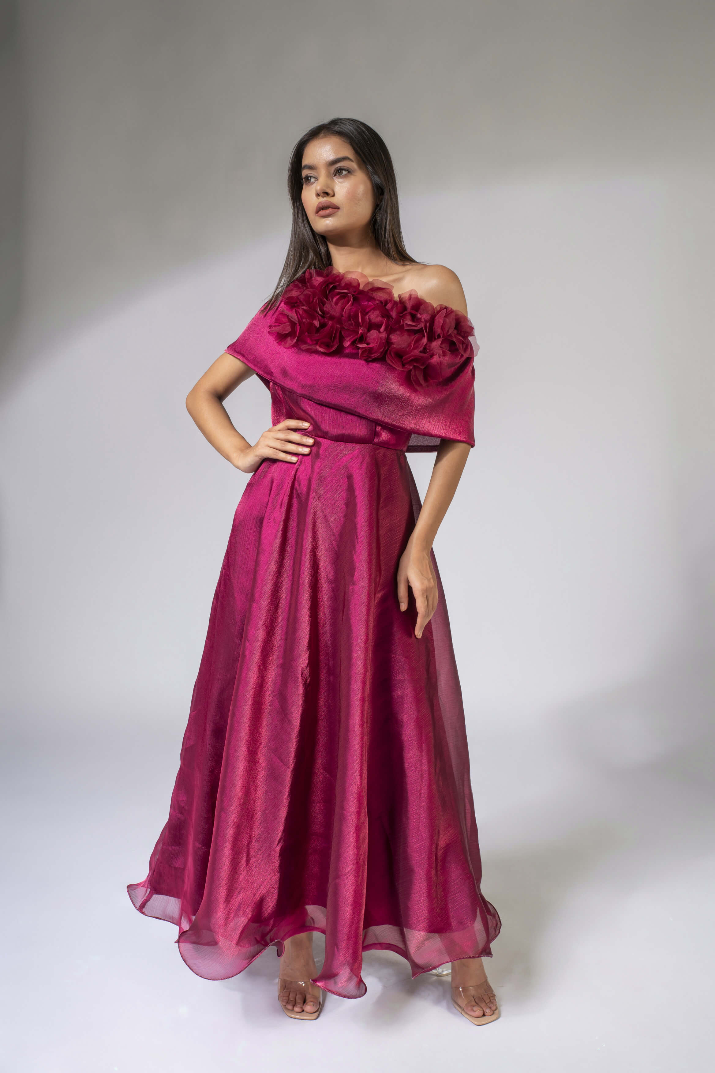 WEAVING CULT MAROON SHIMMER ORGANZA MAXI DRESS WITH 3D FLOWER DETAILING