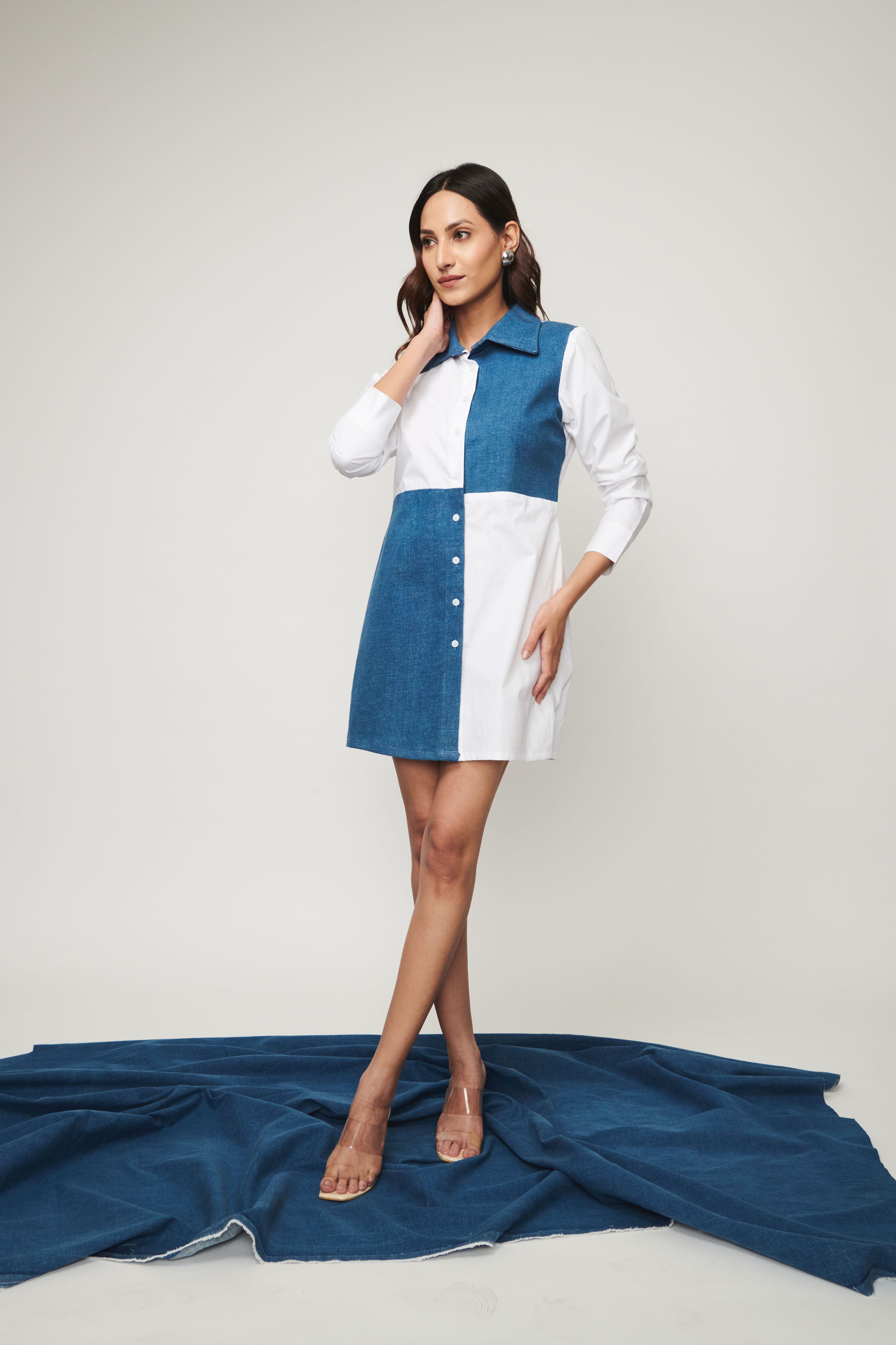 Colour Block Denim With Cotton Dress