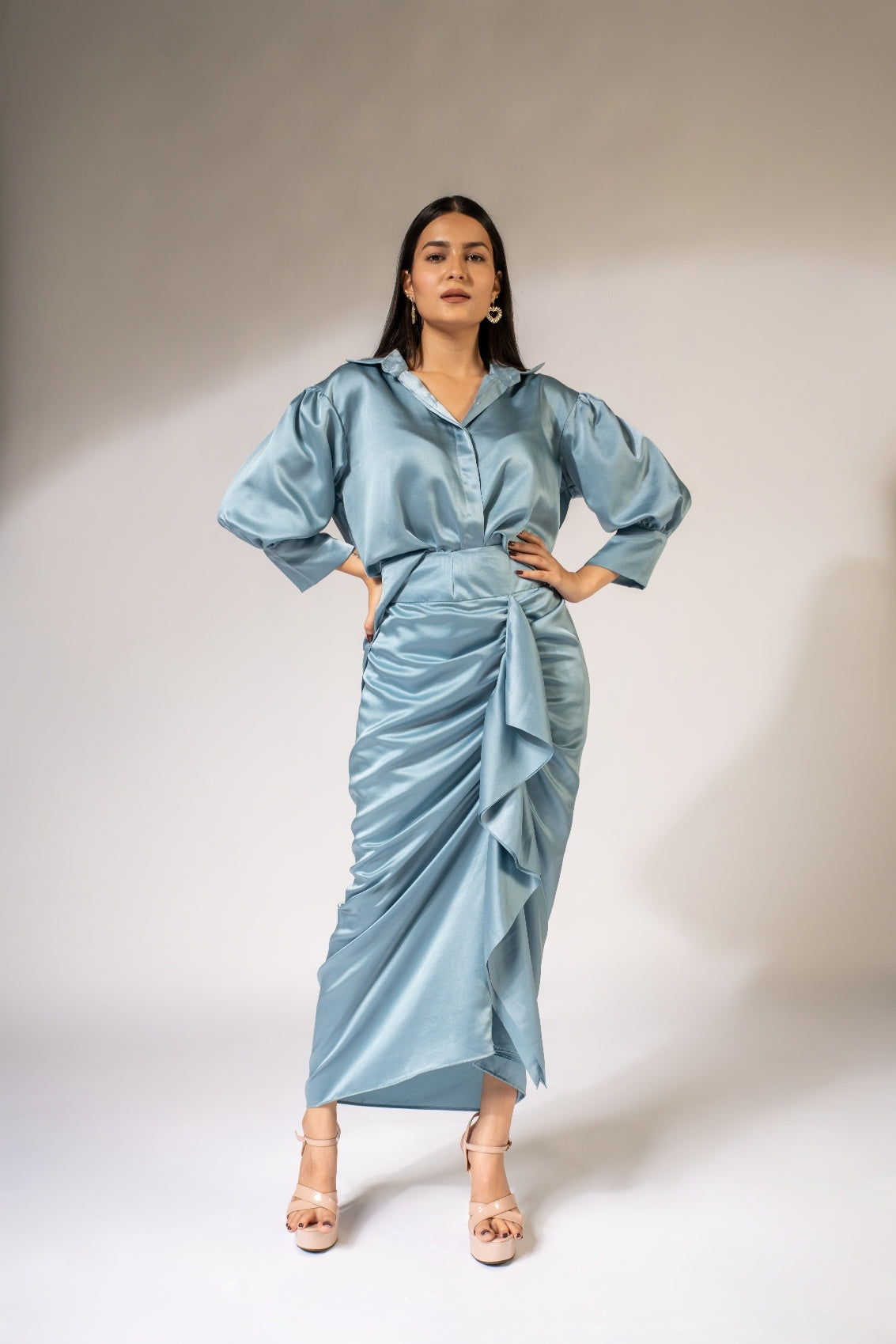 WEAVING CULT AQUA BLUE LUXE SATIN DRAPED SKIRT