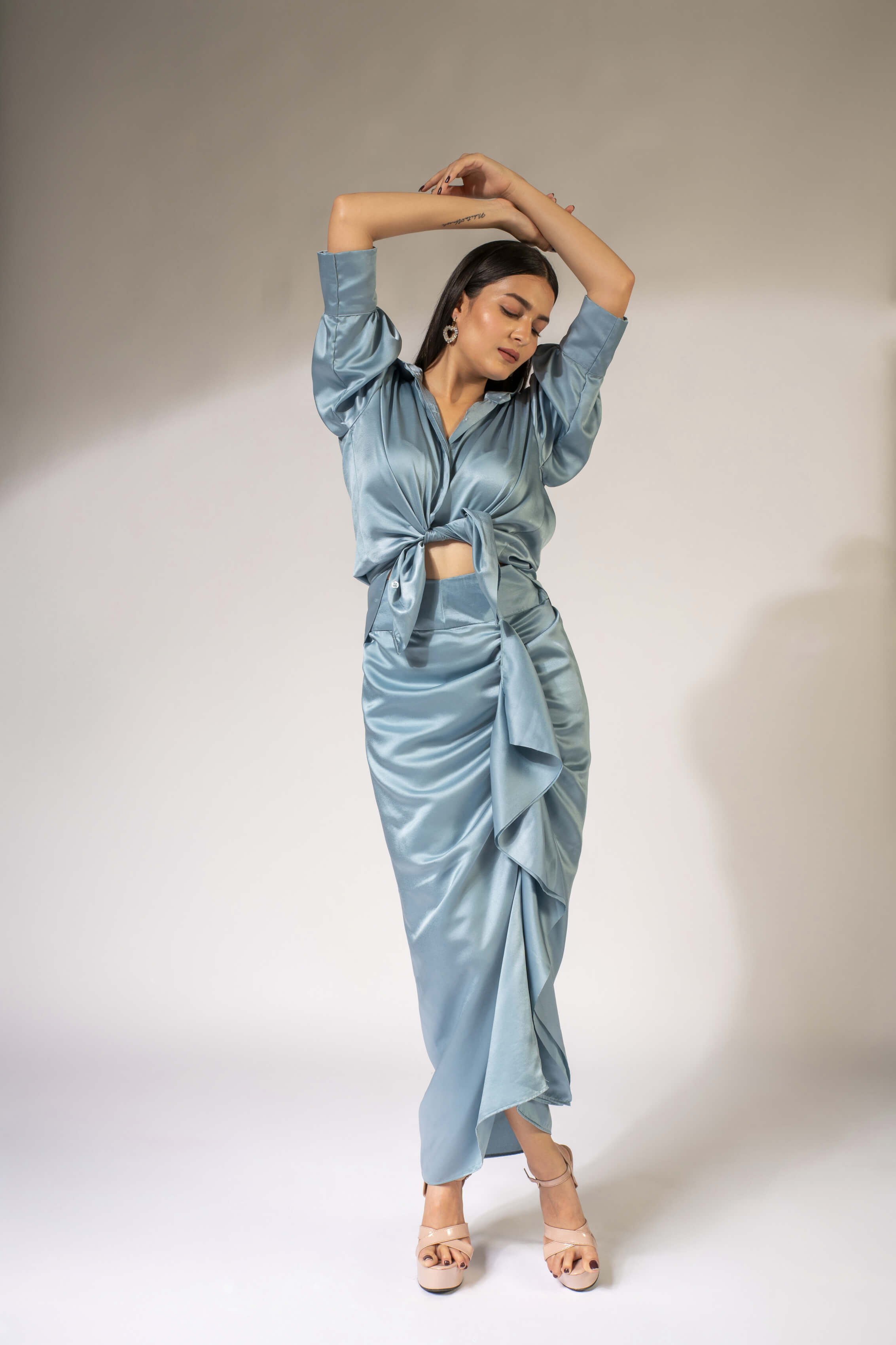 WEAVING CULT AQUA BLUE LUXE SATIN DRAPED SKIRT