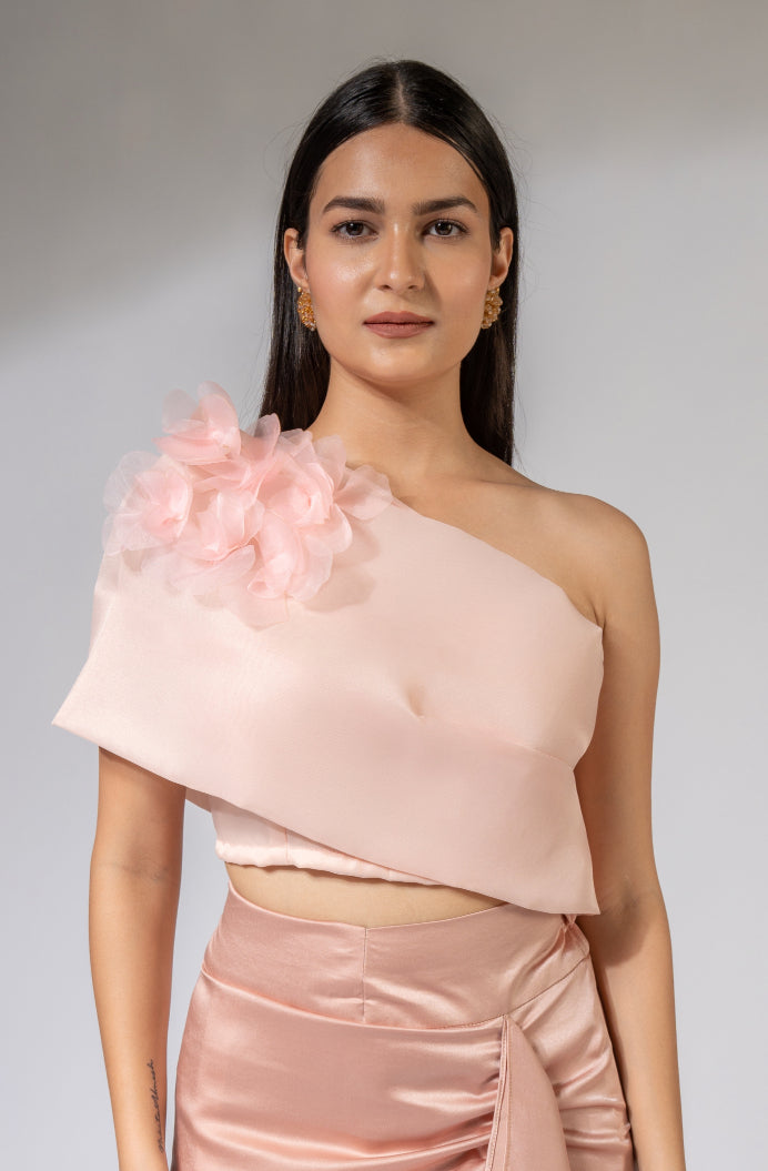 WEAVING CULT PEACH ORGANZA ONE OFF-SHOULDER TOP