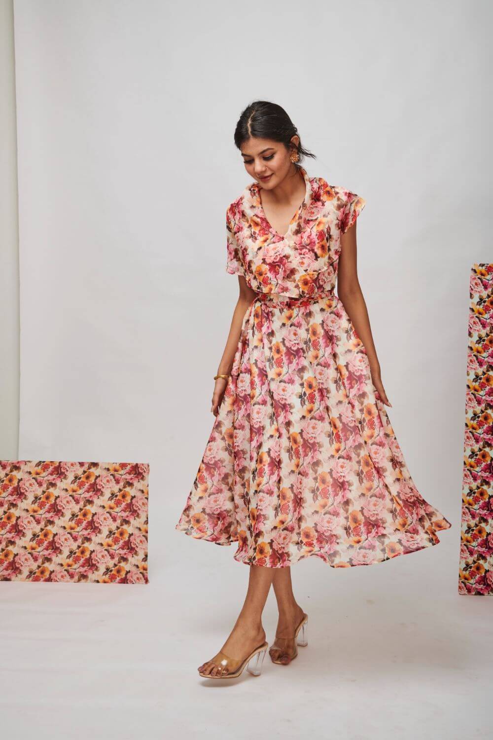 VINTAGE FLORAL SHAWL COLLAR MIDI DRESS