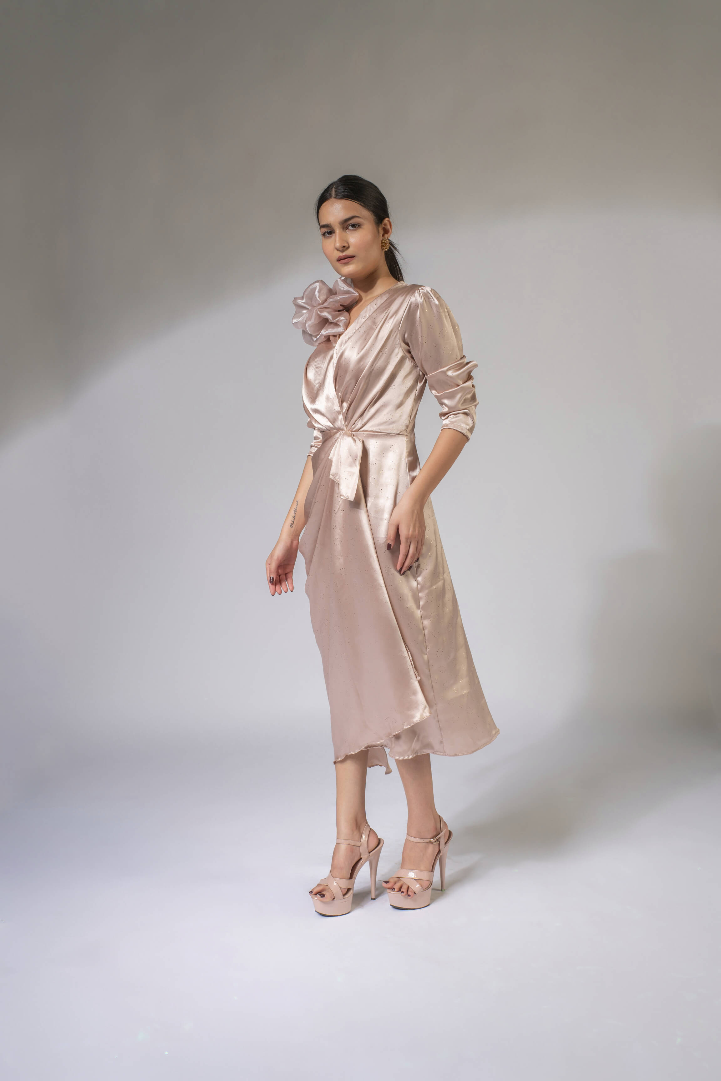 WEAVING CULT CHAMPAGNE AYSMETRICAL MIDI DRESS WITH DETACHABLE 3D FLOWER