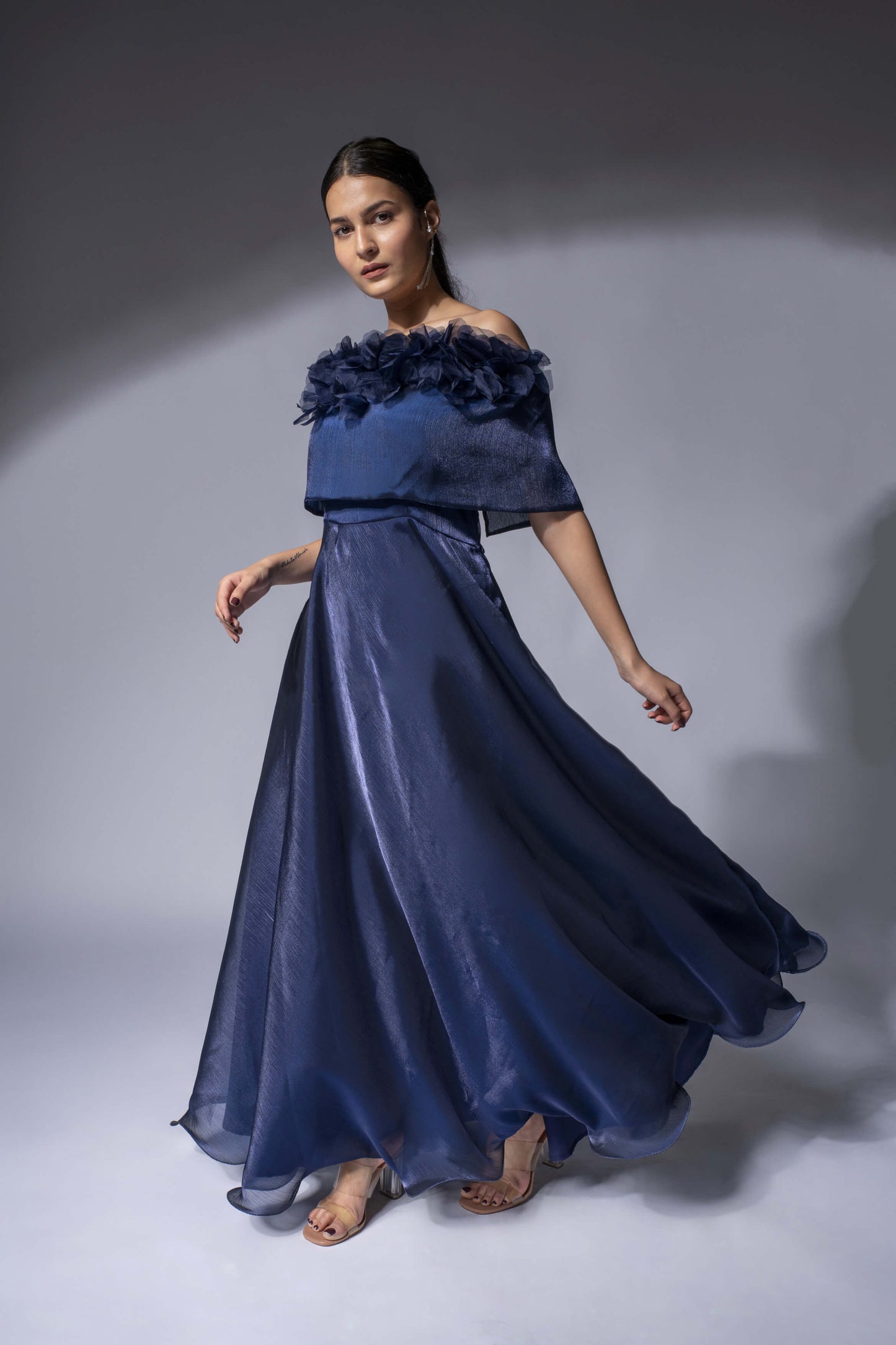 WEAVING CULT ROYAL BLUE SHIMMER ORGANZA MAXI DRESS WITH 3D FLOWER WRAP