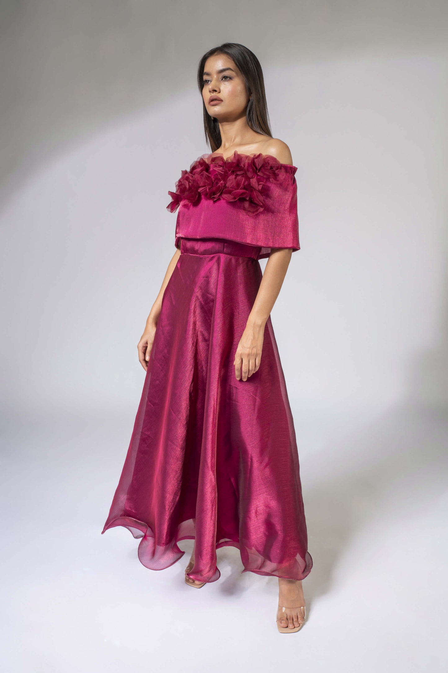WEAVING CULT MAROON SHIMMER ORGANZA MAXI DRESS WITH 3D FLOWER DETAILING