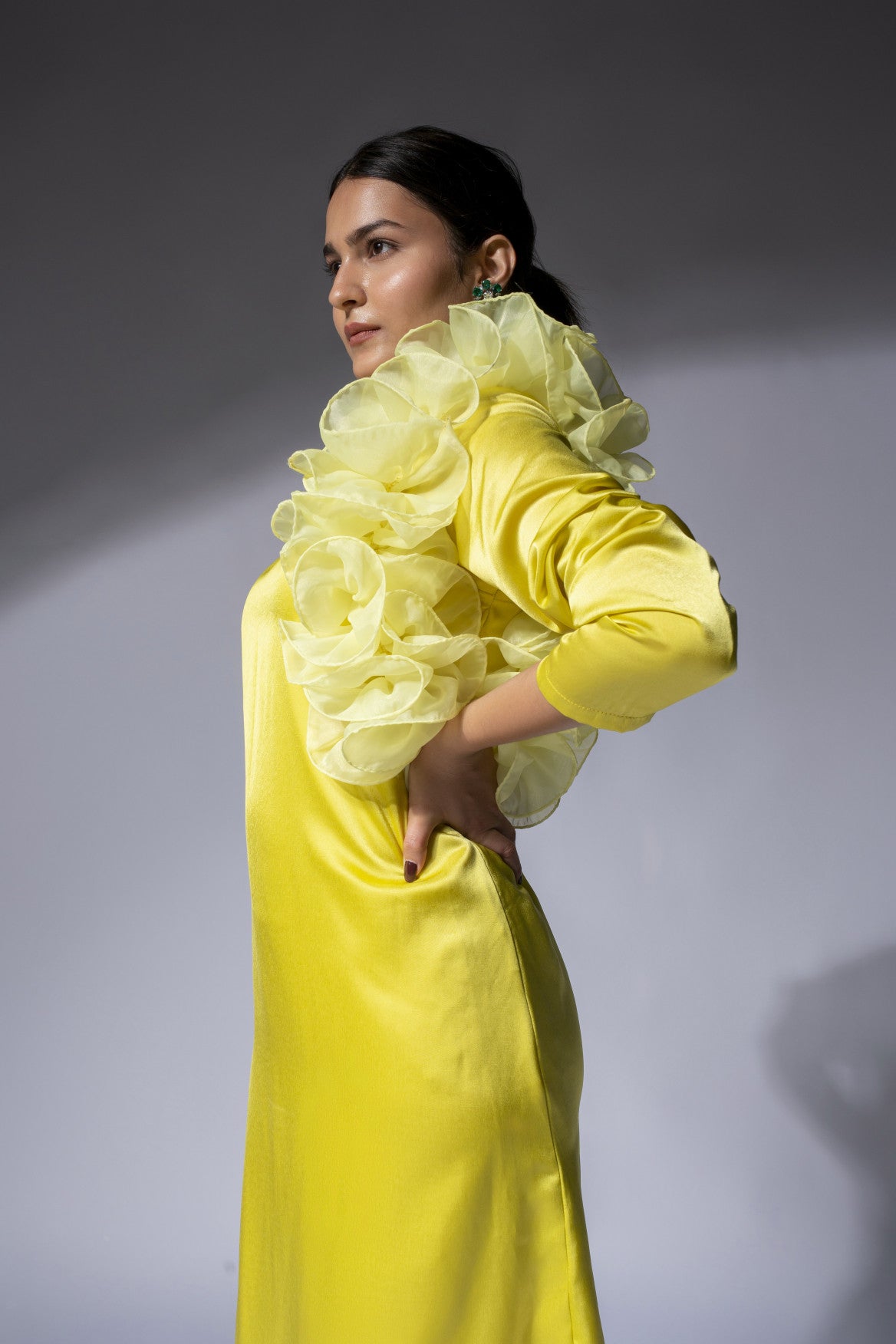 WEAVING CULT YELLOW BLAIR RUFFLE DETAILING MIDI DRESS